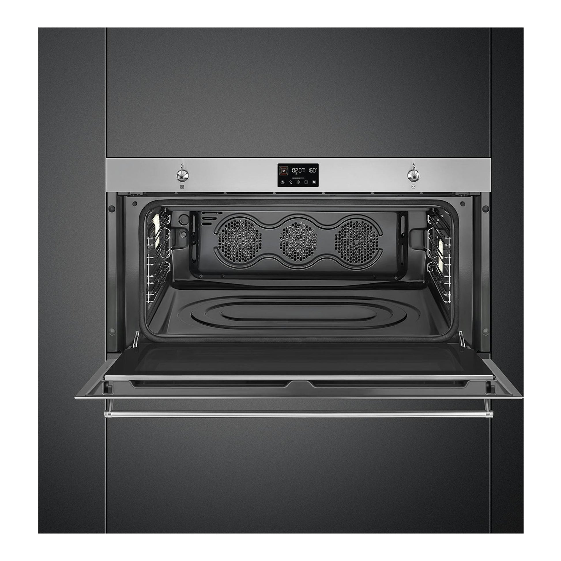 Horno integrable Smeg SFR9302TX en inox, vista frontal con puerta abatible abierta y cavidad interior negra.