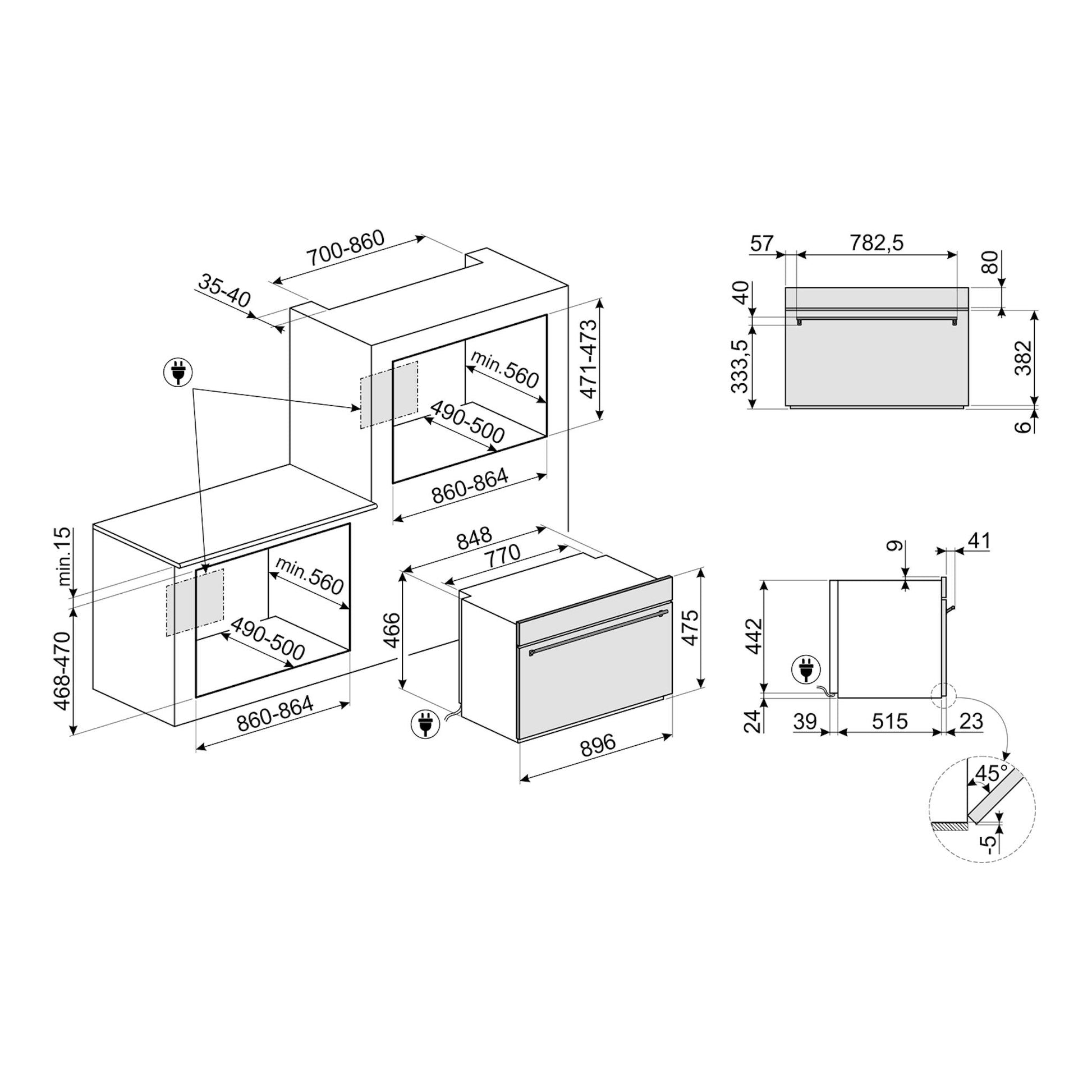 Diagrama técnico del horno integrable Smeg SFR9302TX en inox, con vistas frontal y lateral y medidas de instalación.
