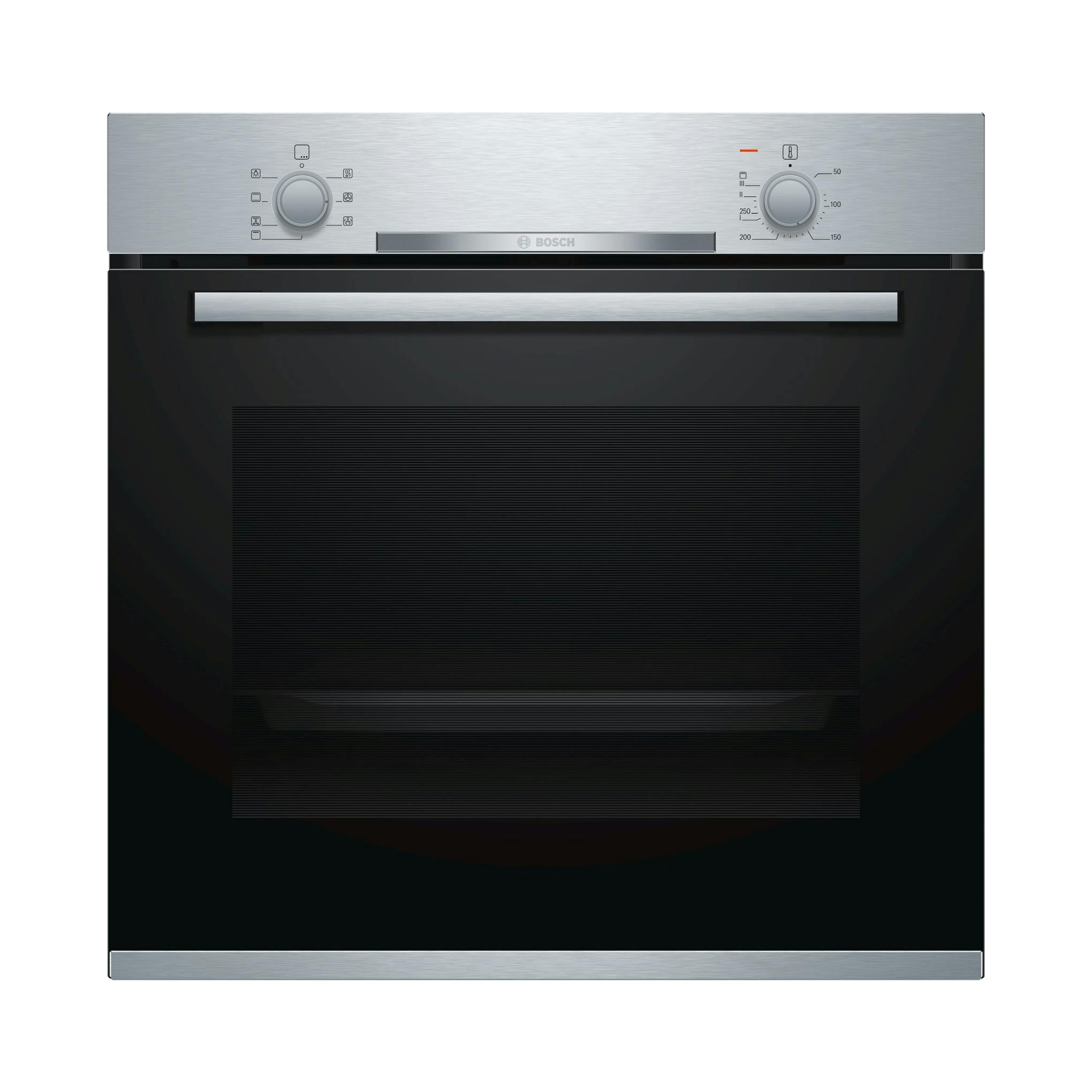 Horno Bosch Serie 2 HBA510BR0, vista frontal, negro y acero inoxidable, con dos mandos y puerta de vidrio.