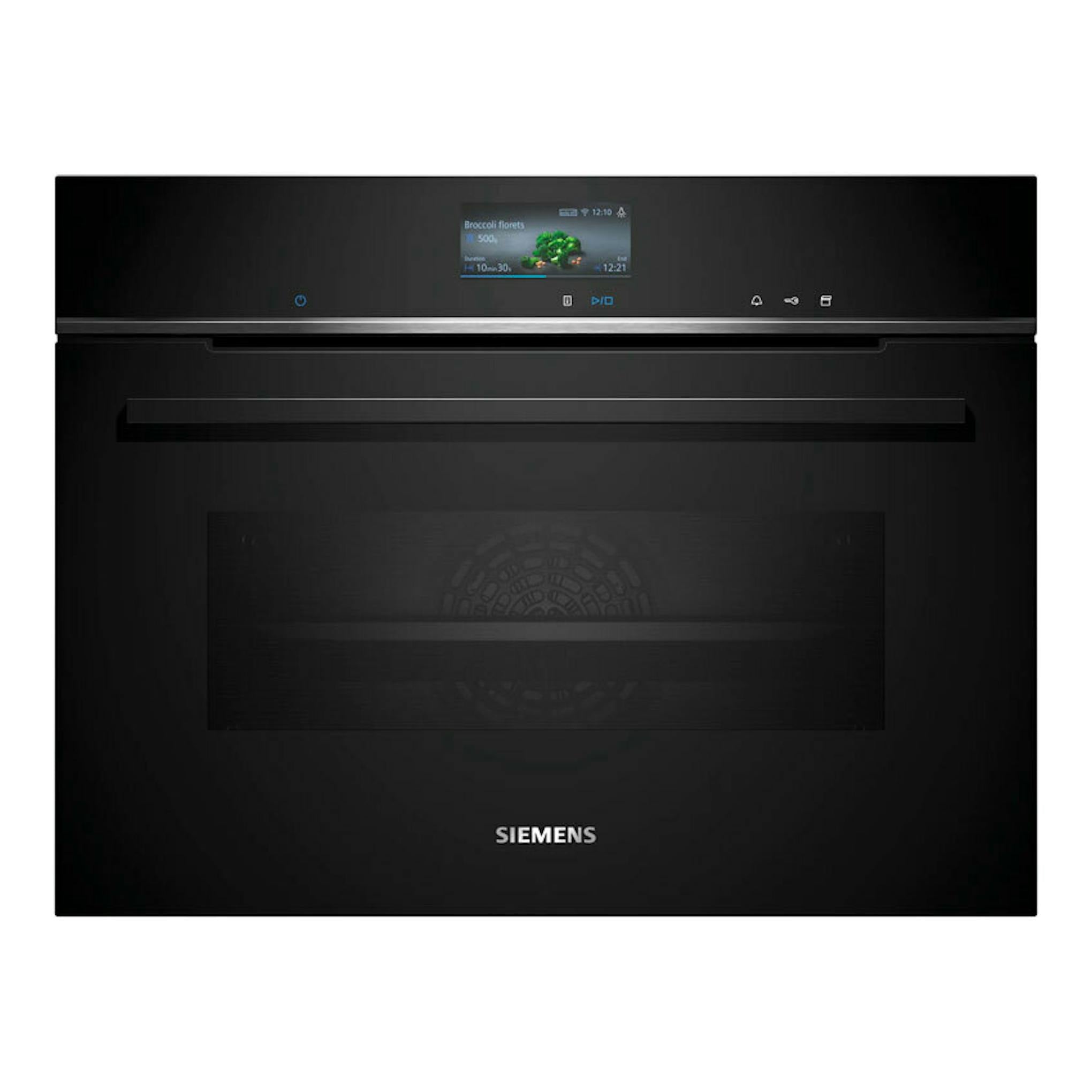Horno empotrable Siemens CS736G1B1 negro, vista frontal con panel táctil y pantalla central.