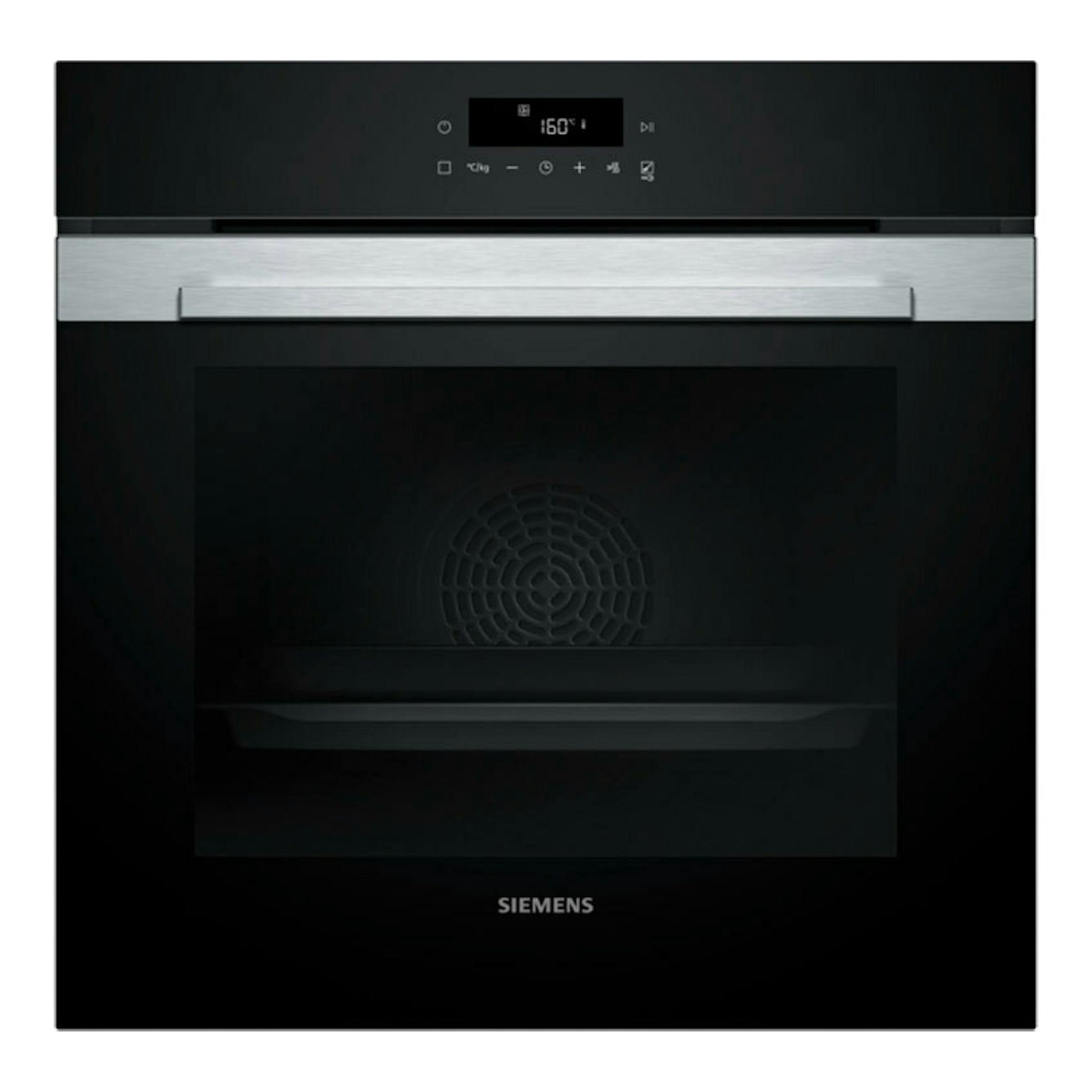 Horno Siemens HB372AES3 en negro e inox, vista frontal, con display digital y puerta de cristal.