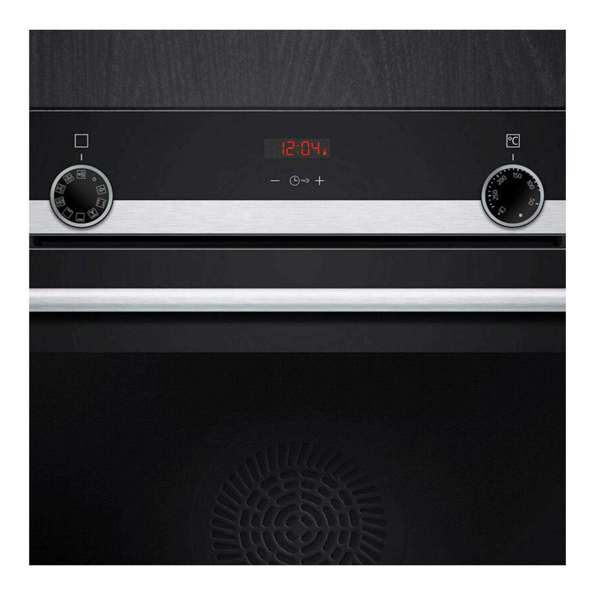 Horno Siemens HB514AER4 negro, vista frontal, con dos mandos y display rojo, franja de acero inoxidable.