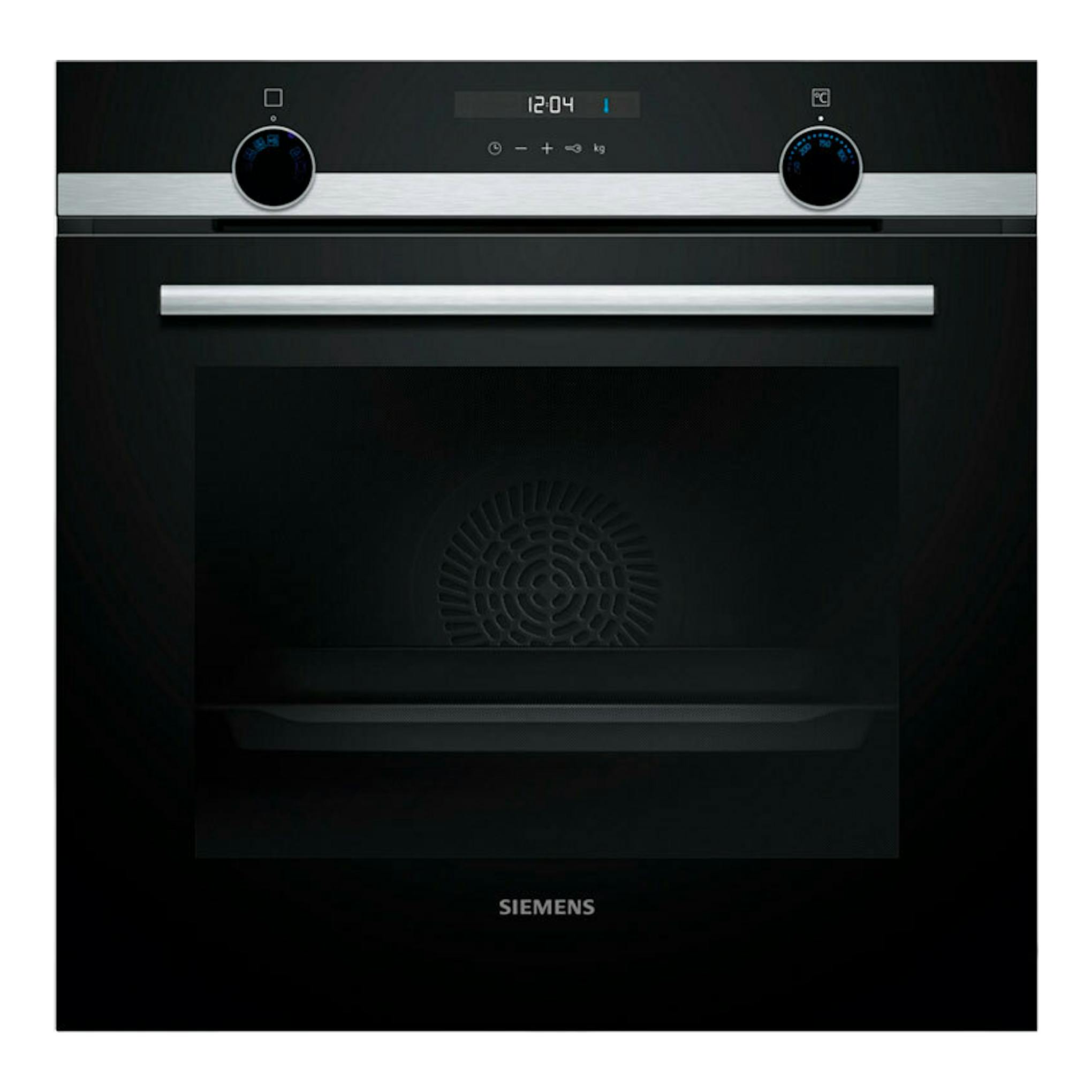 Horno empotrable Siemens HB537GES3 Inox, vista frontal, puerta negra con panel superior y mandos cromados.