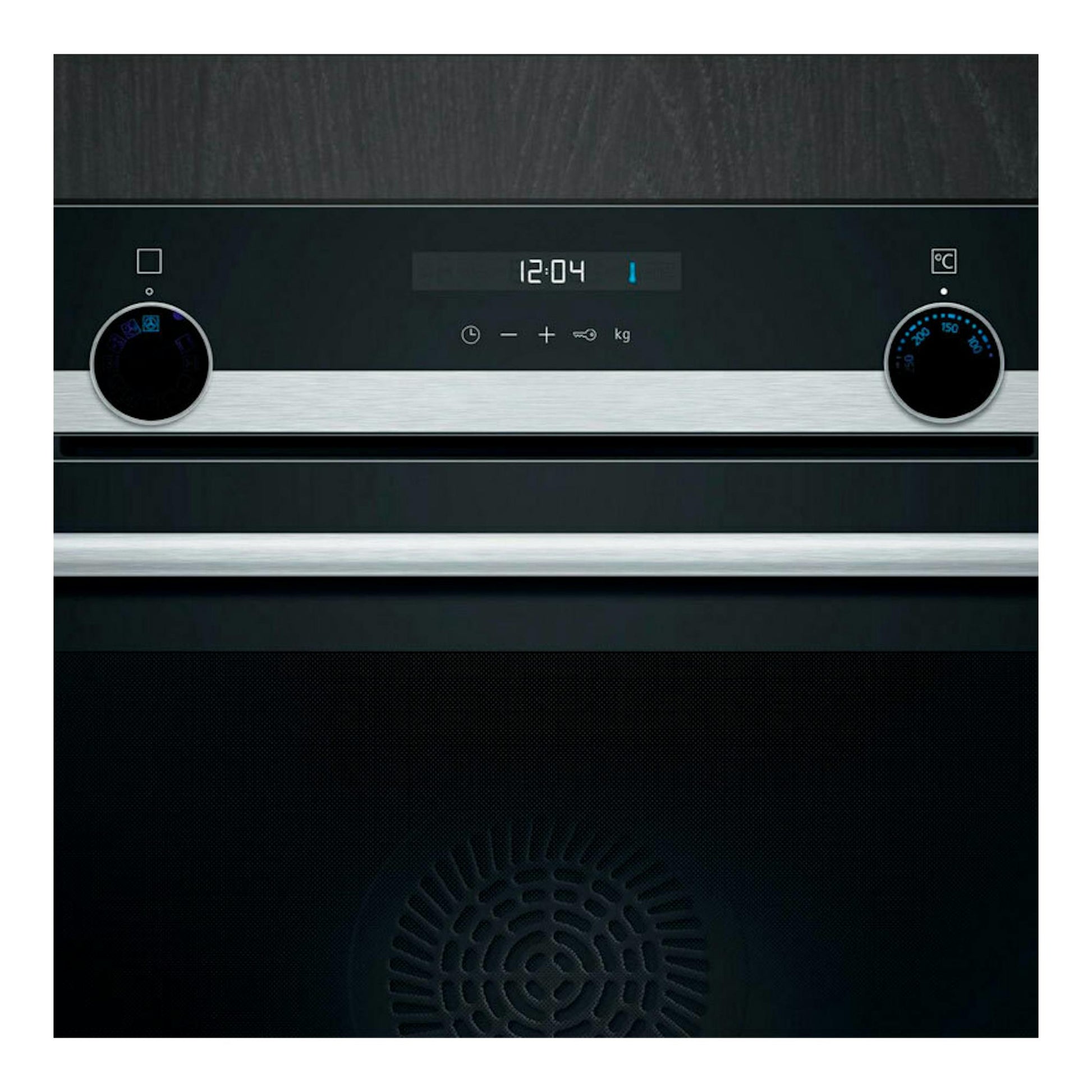 Horno Siemens HB537GES3 Inox, vista frontal, panel negro con display digital y dos mandos.