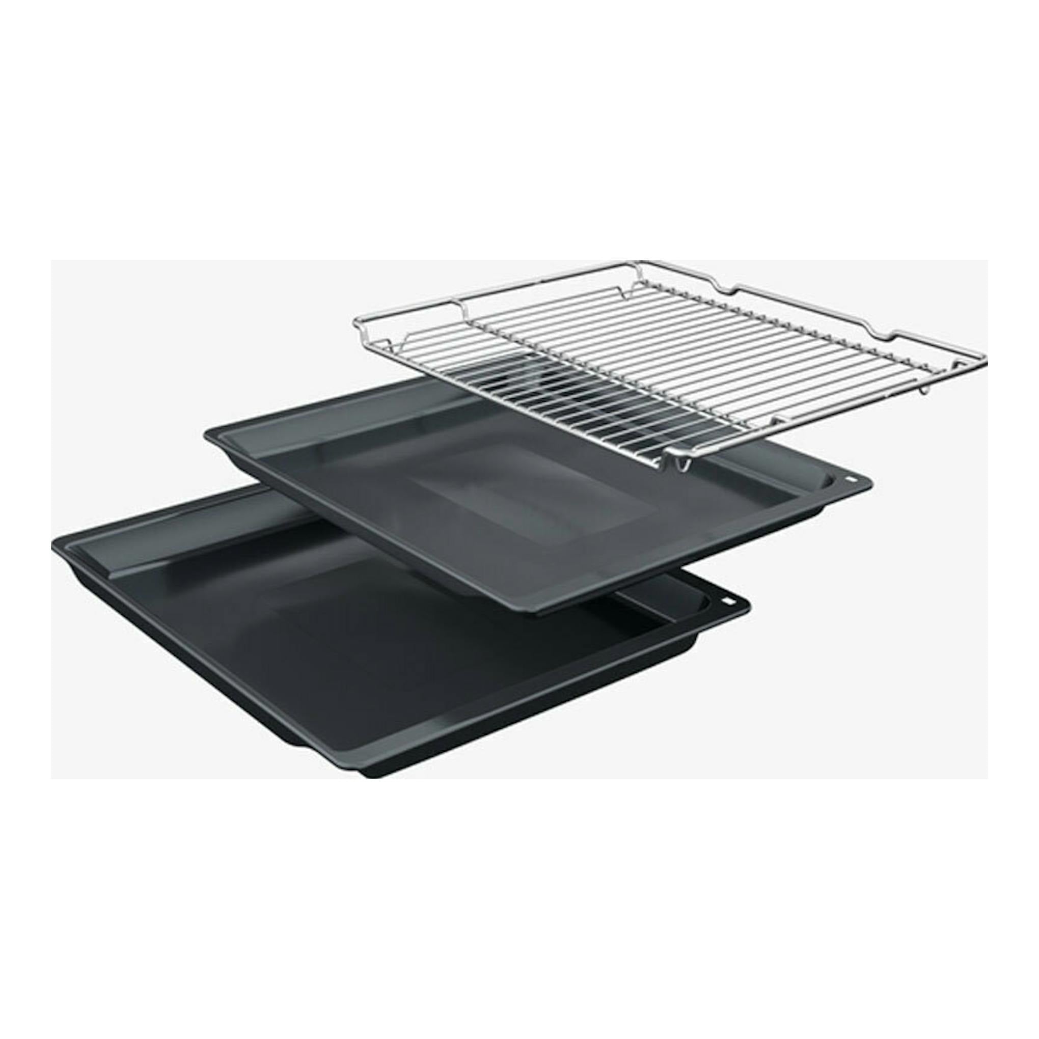 Accesorios del horno Siemens HB537GES3: dos bandejas negras y una rejilla metálica, en vista inclinada.