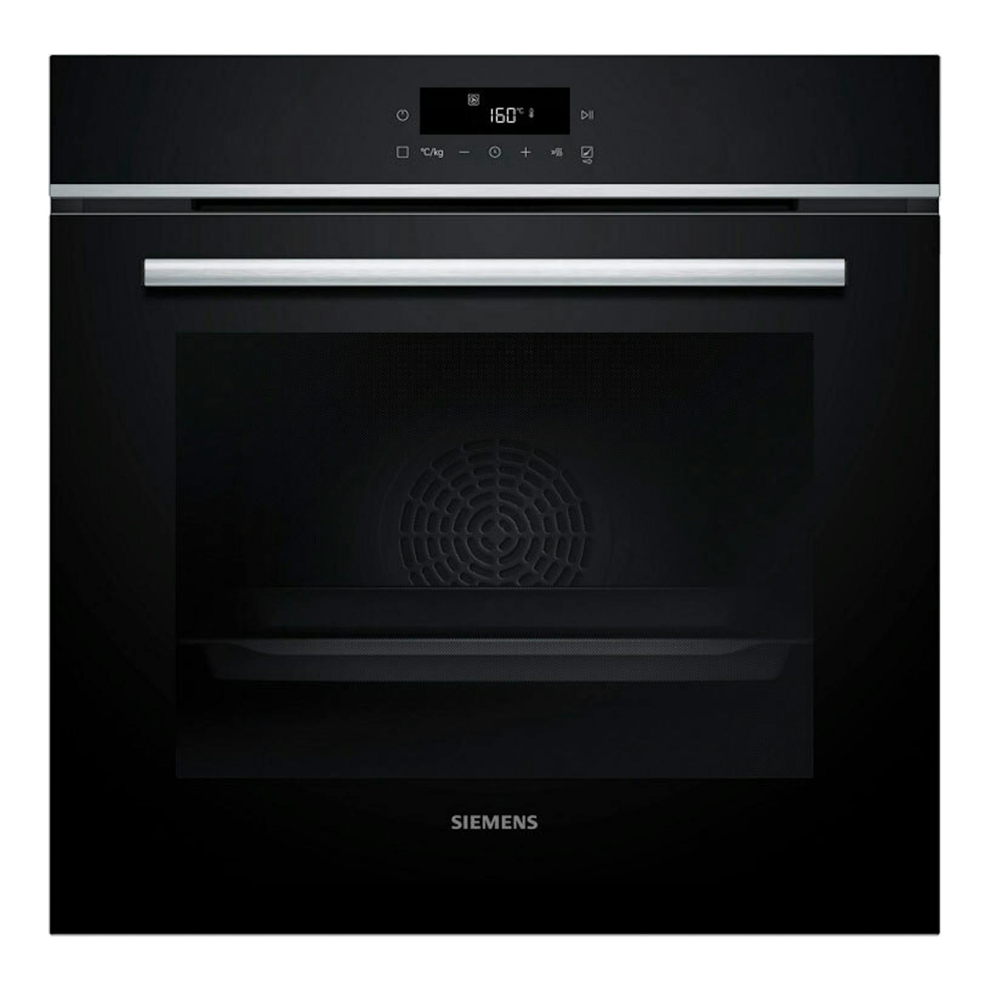 Horno Siemens HB572AES4 negro, vista frontal, con puerta de cristal y asa metálica.