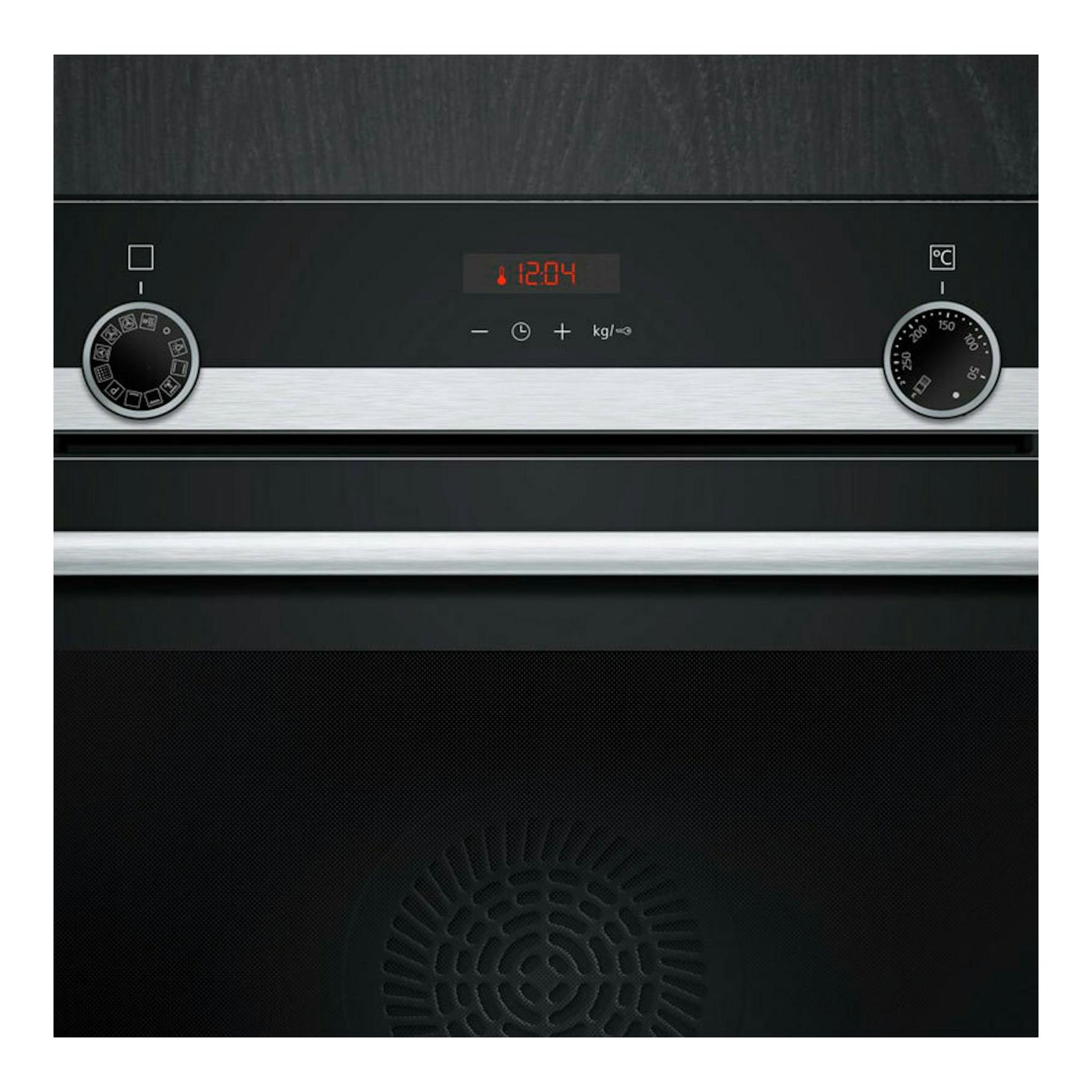Horno Siemens HB574AER3 en negro e inox, vista frontal con mandos giratorios y display digital.