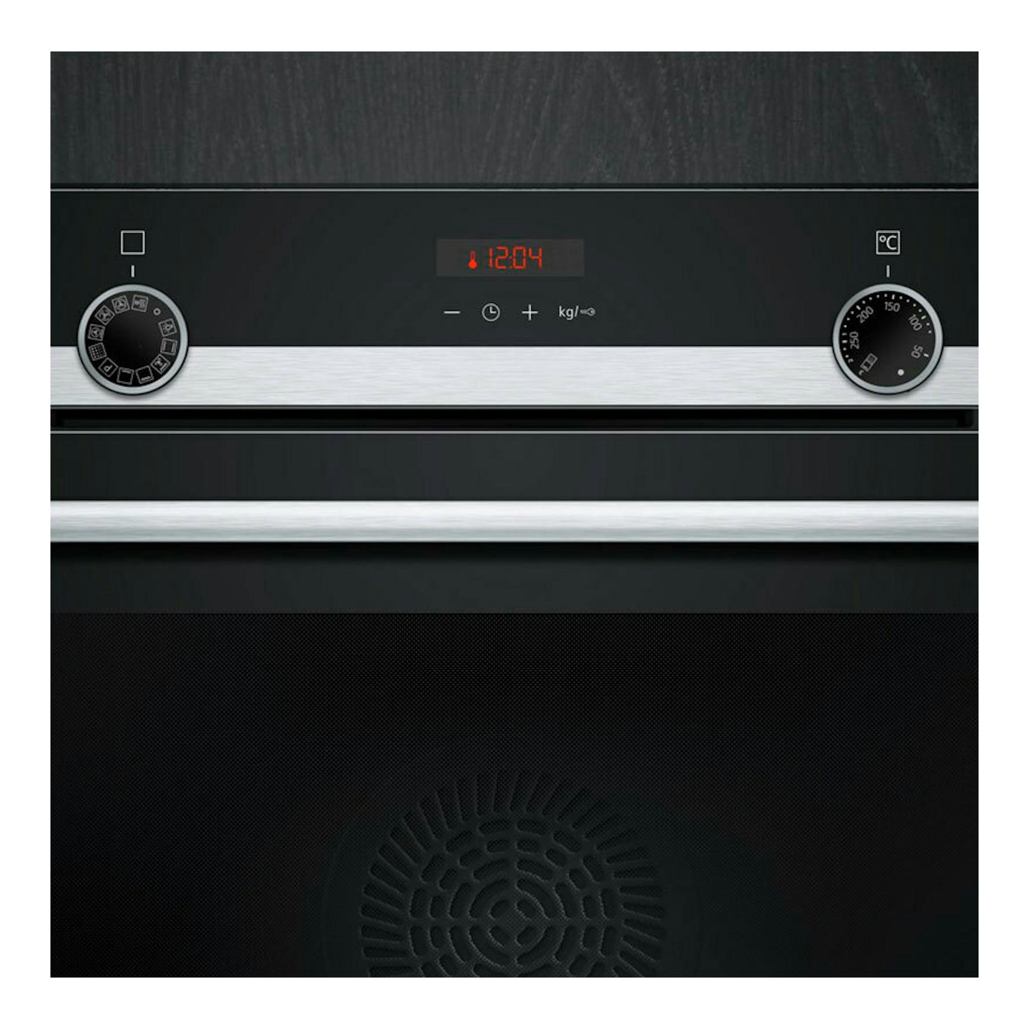 Horno Siemens HB574AER3 en negro e inox, vista frontal con mandos giratorios y display digital.