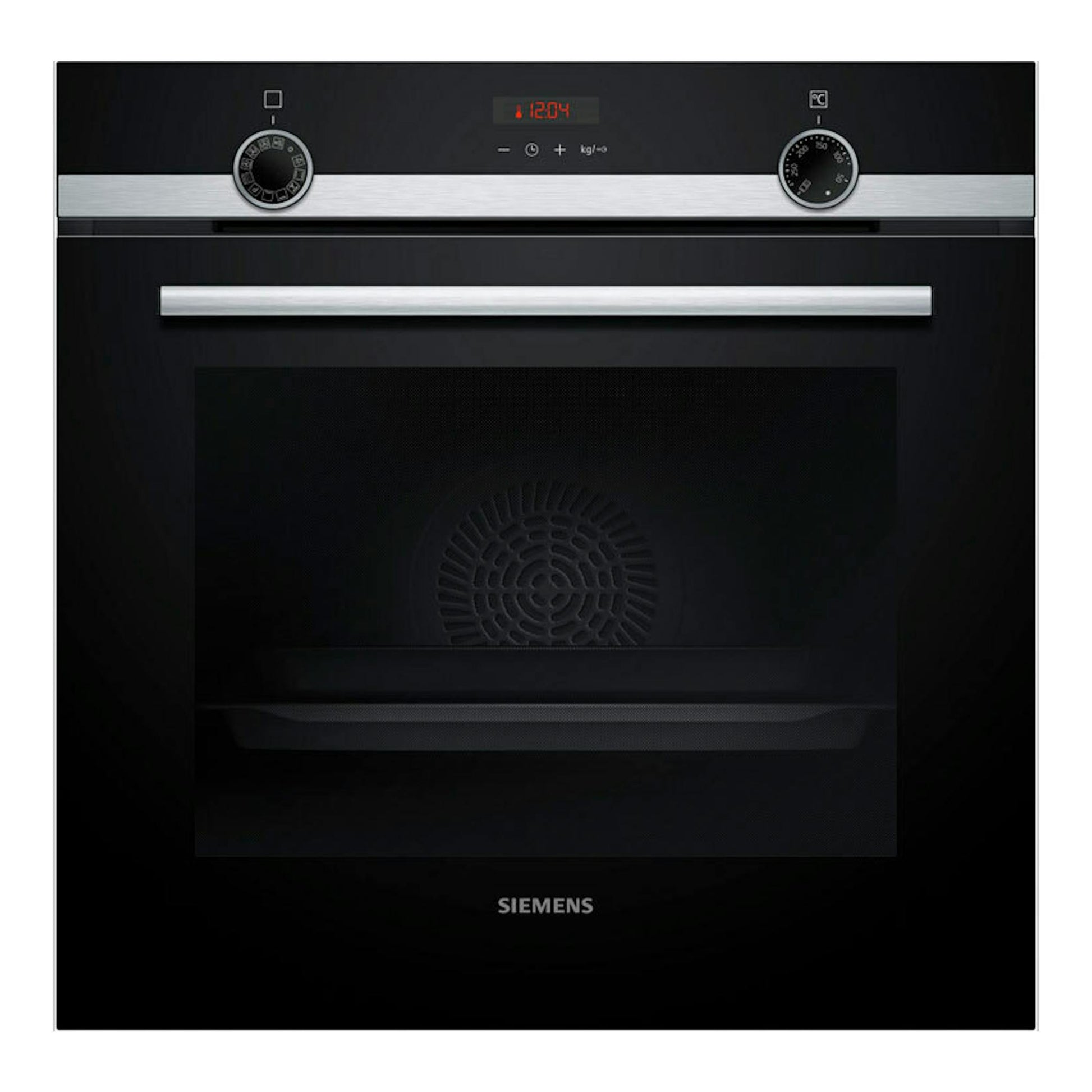 Horno empotrable Siemens HB574AER4 negro de 60 cm, vista frontal, con mandos y display digital.