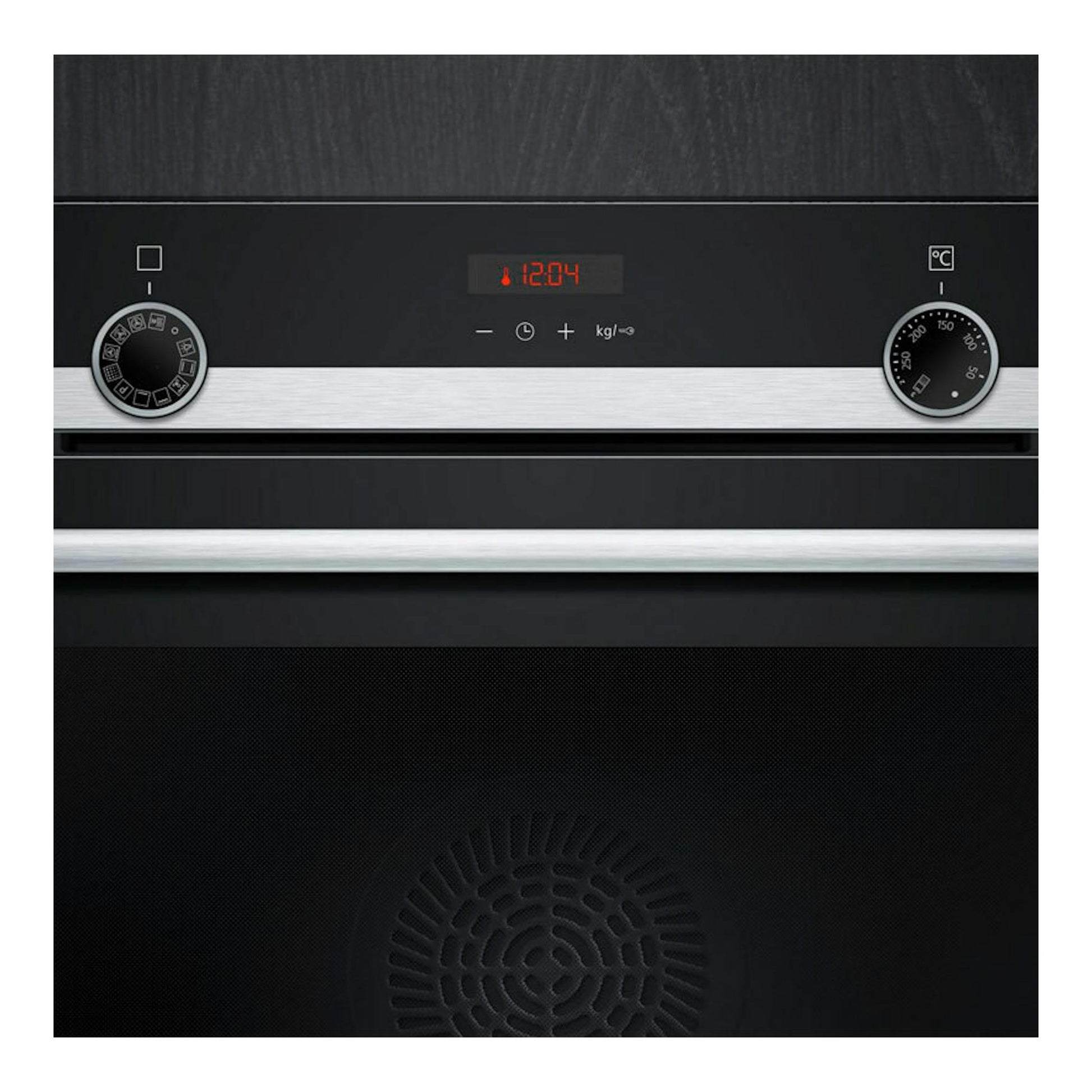 Horno Siemens HB574AER4 negro, vista frontal, con dos mandos y display digital.