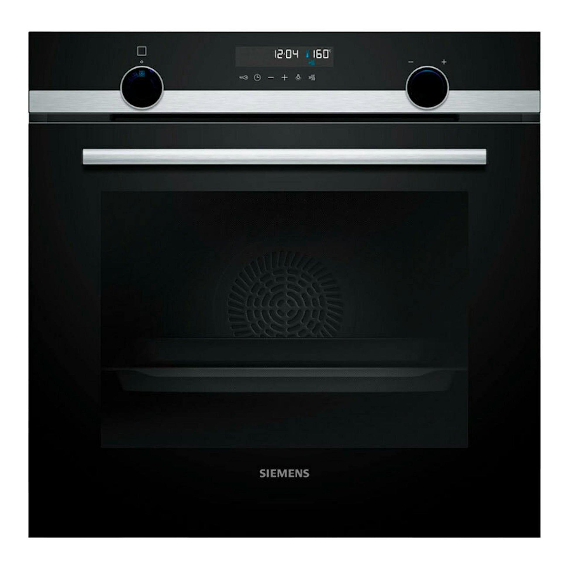 Horno Siemens HB578GES3 negro, vista frontal, con panel digital, dos mandos y puerta de cristal.