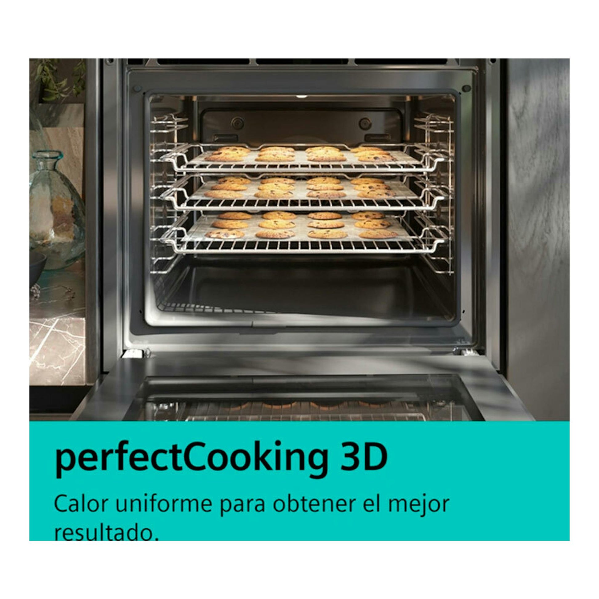 Horno Siemens negro abierto, con tres bandejas de galletas y texto “perfectCooking 3D”.