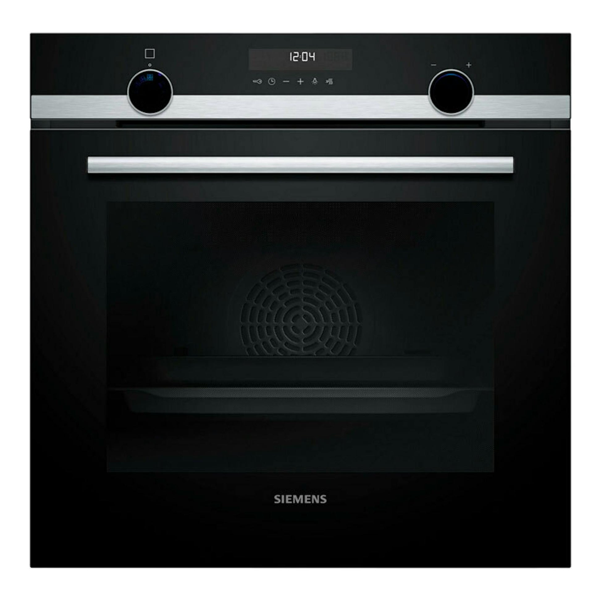 Horno Siemens HB578GES7 negro e inox, vista frontal, con panel digital y dos mandos.