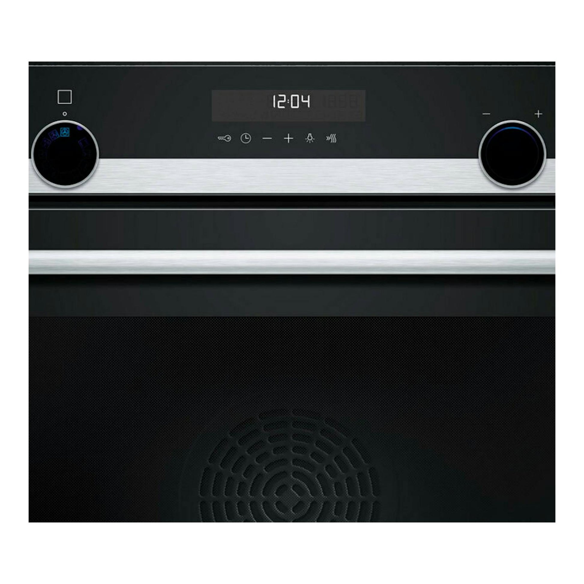 Horno Siemens HB578GES7 de inox, vista frontal, panel negro con reloj digital y dos mandos.