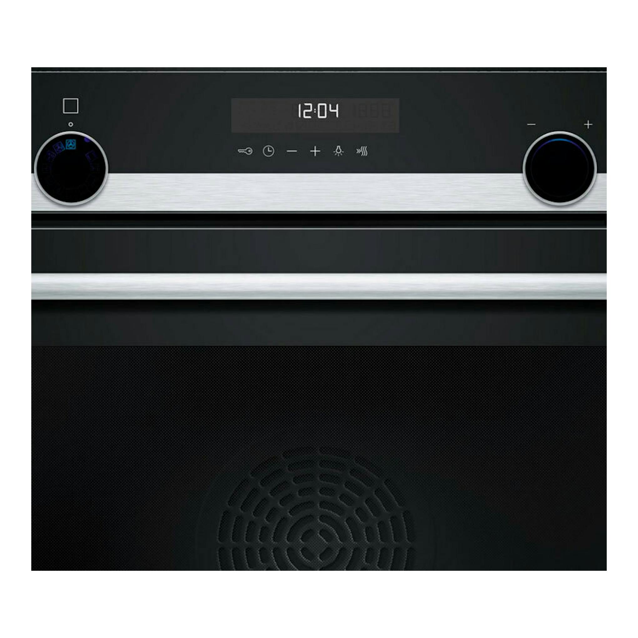 Horno Siemens HB578GES7 de inox, vista frontal, panel negro con reloj digital y dos mandos.