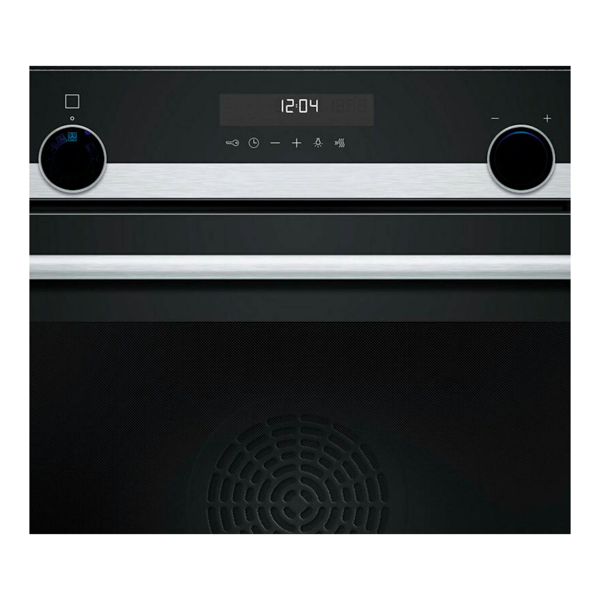 Horno Siemens HB578GFS7, frontal negro con detalles inox, display digital y dos mandos circulares.