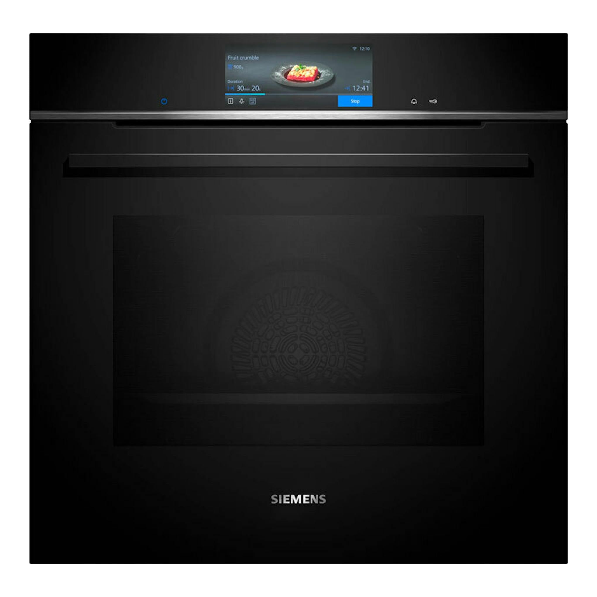 Horno Siemens HB778G3B1 negro, vista frontal, con pantalla táctil superior y puerta de cristal oscura.