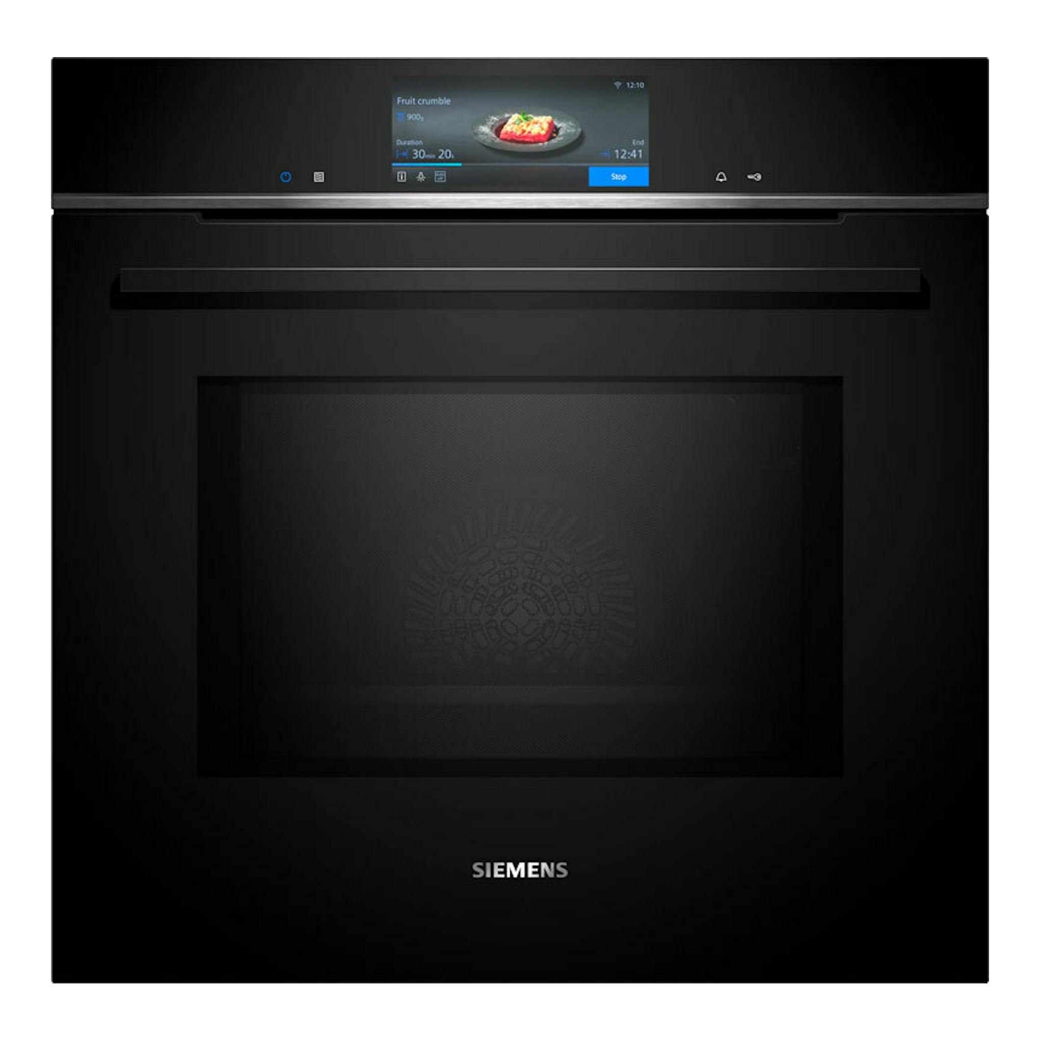 Horno empotrable Siemens HM778GMB1 negro, vista frontal con panel táctil y pantalla superior.