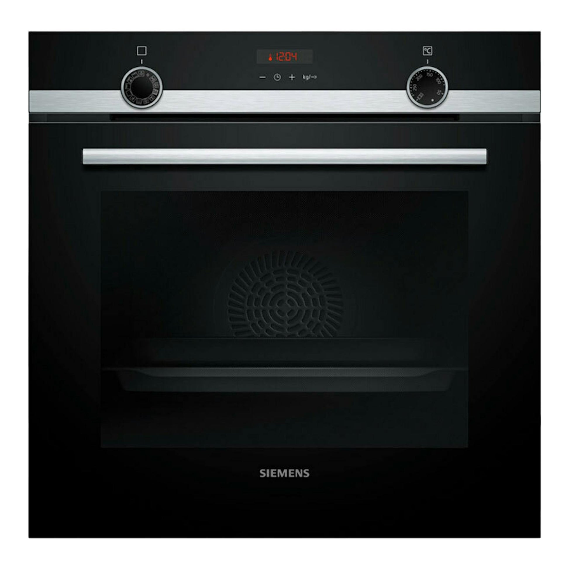 Horno Siemens HQ574AER3 inox, vista frontal, puerta negra con panel superior inox y mandos analógicos.