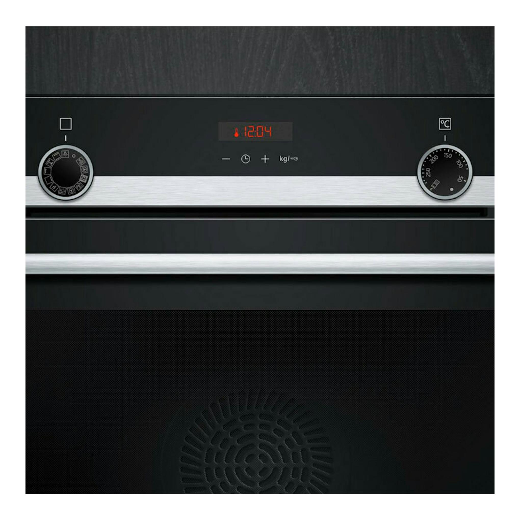 Horno Siemens HQ574AER3 inox, vista frontal, panel negro con dos mandos y display digital.