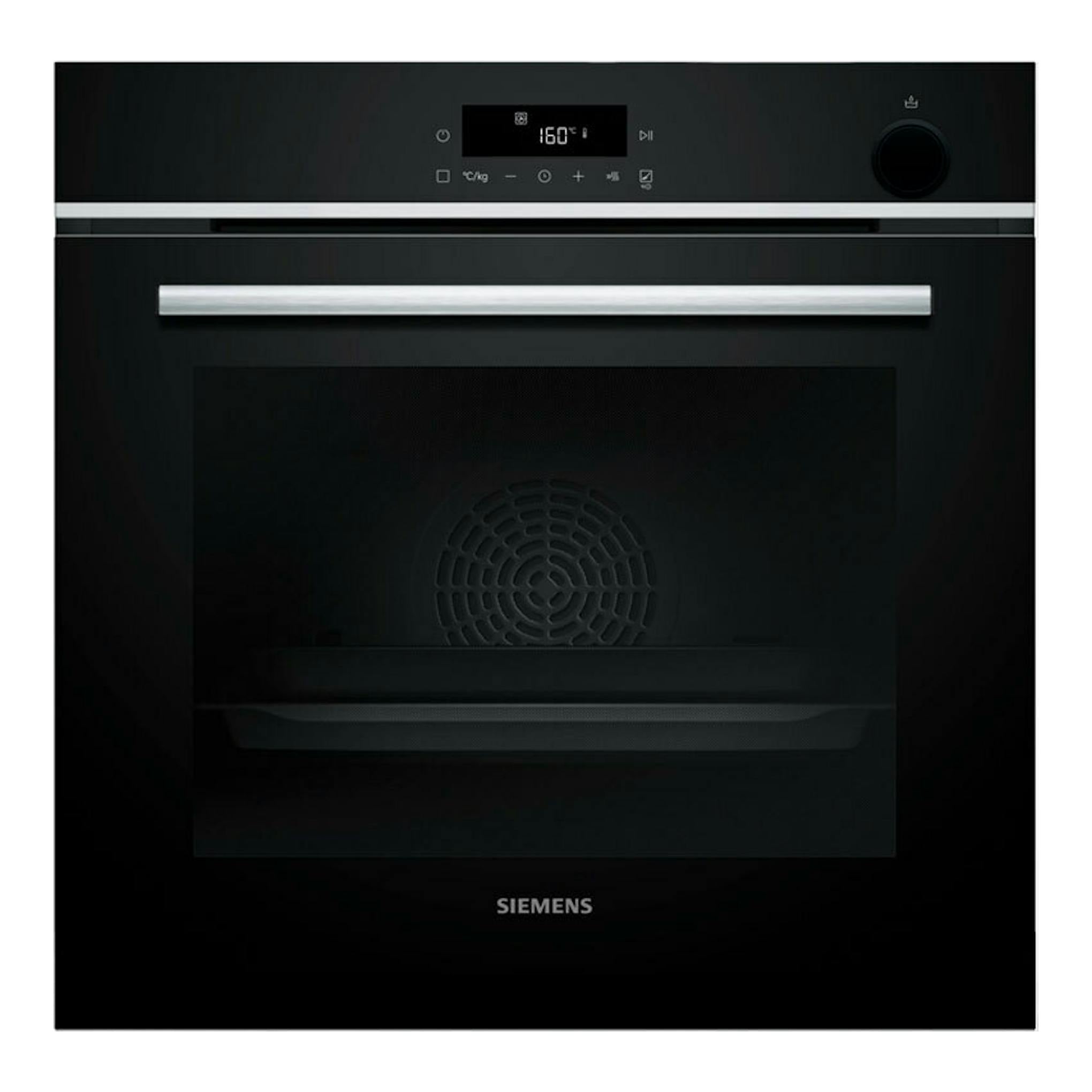Horno Siemens HR532GBS3 negro con panel digital, mando lateral y puerta de cristal, vista frontal.