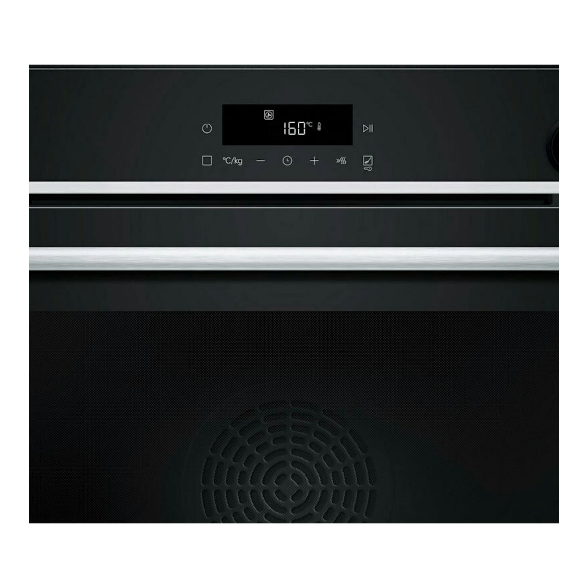 Horno Siemens HR532GBS3 inox, vista frontal del panel digital negro con display a 160 °C y puerta.