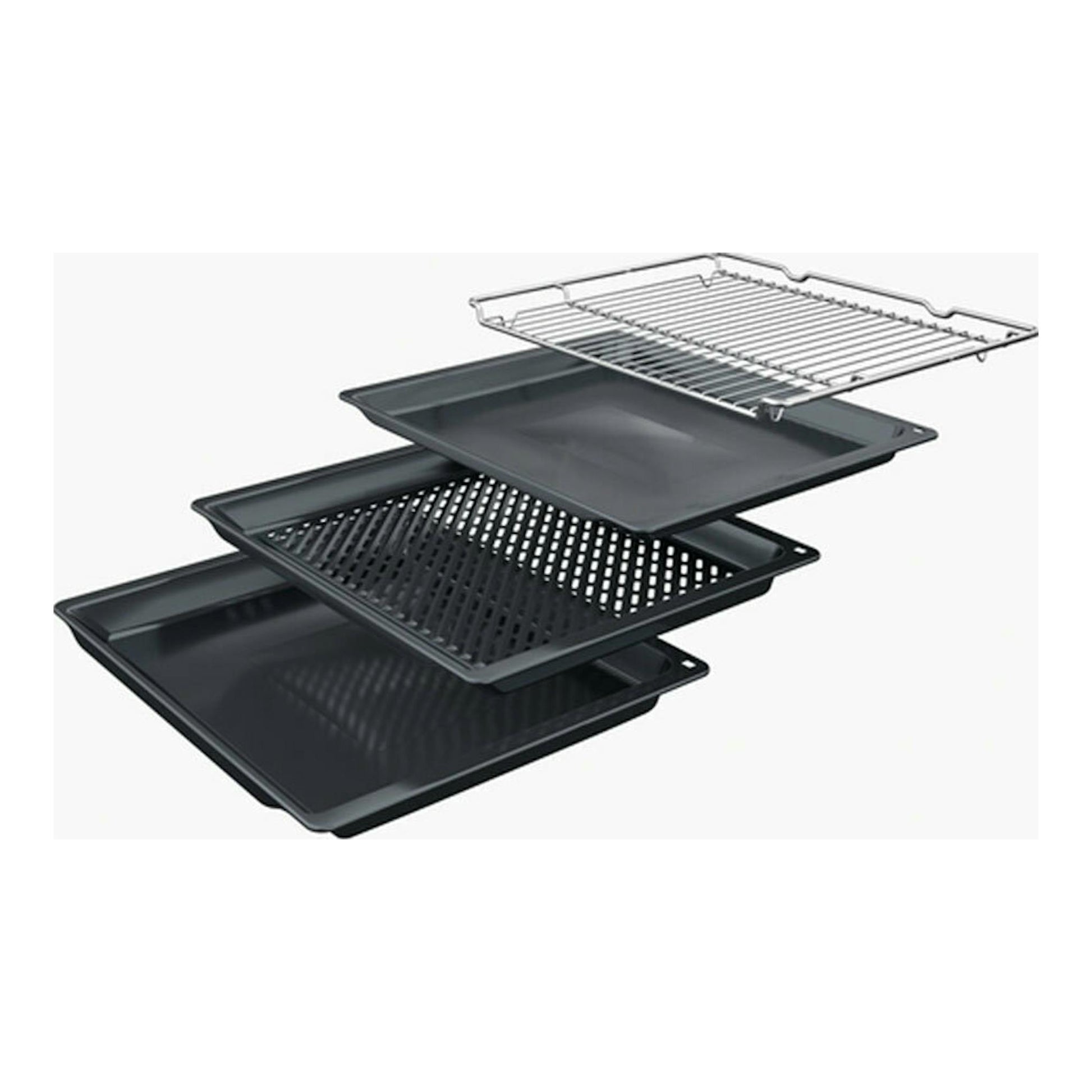 Accesorios de horno Siemens HR532GBS3 Inox: tres bandejas negras y una rejilla metálica, vista en perspectiva.