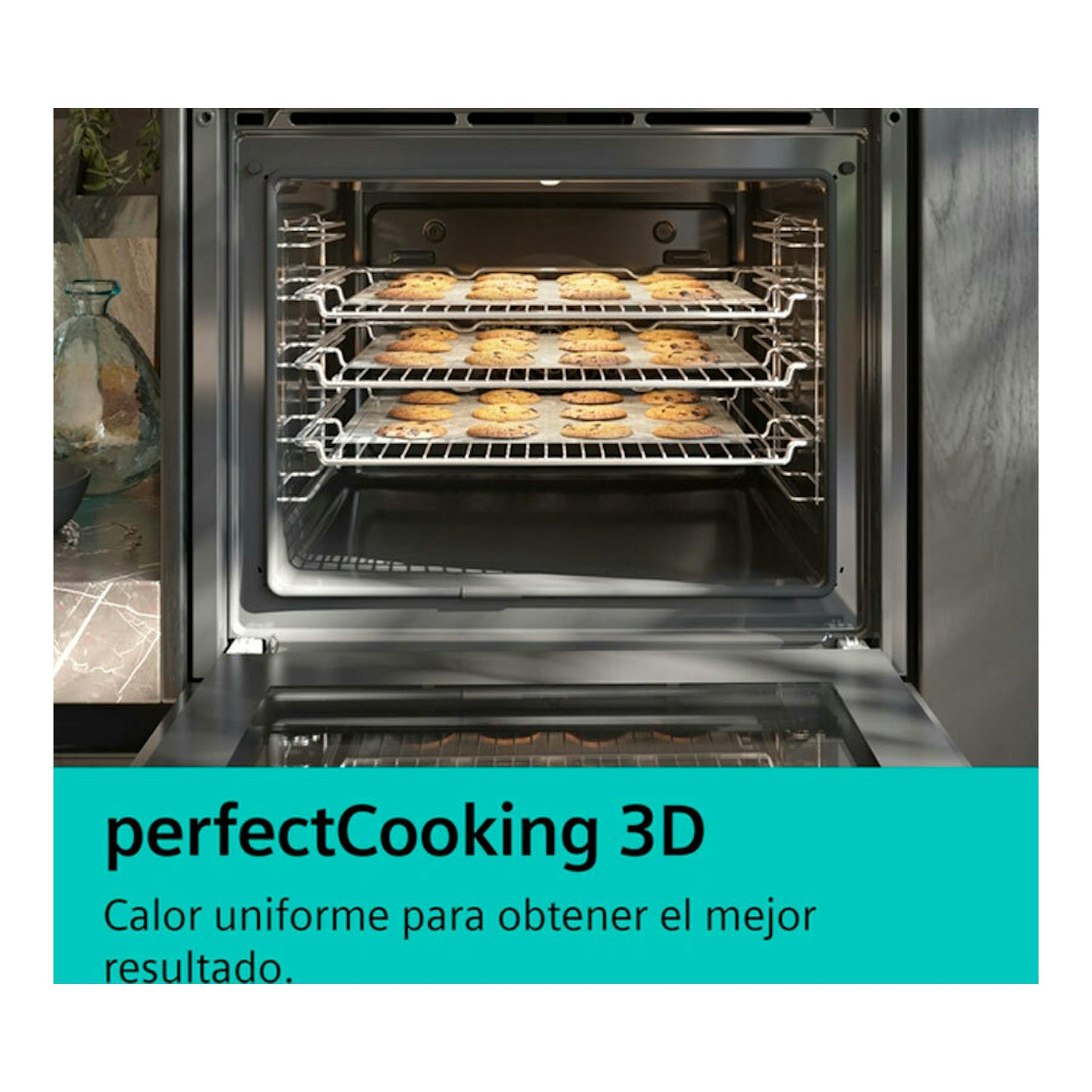 Horno Siemens HR532GBS3 inox, vista frontal abierto con bandejas de galletas y texto perfectCooking 3D.