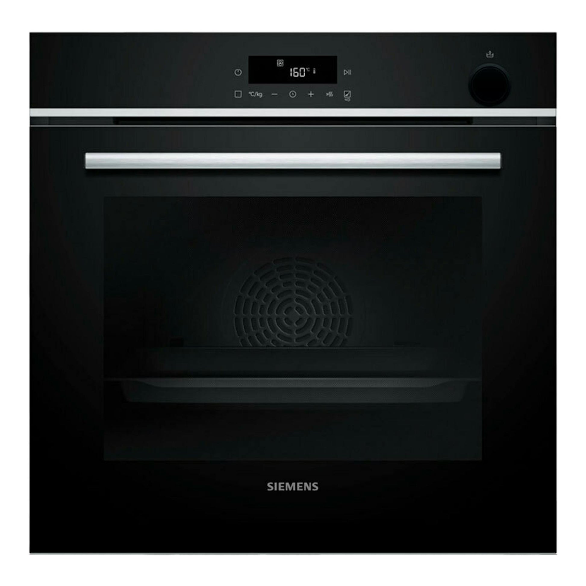Horno empotrable Siemens HR572GBS3, vista frontal, negro con franja inox y panel digital.