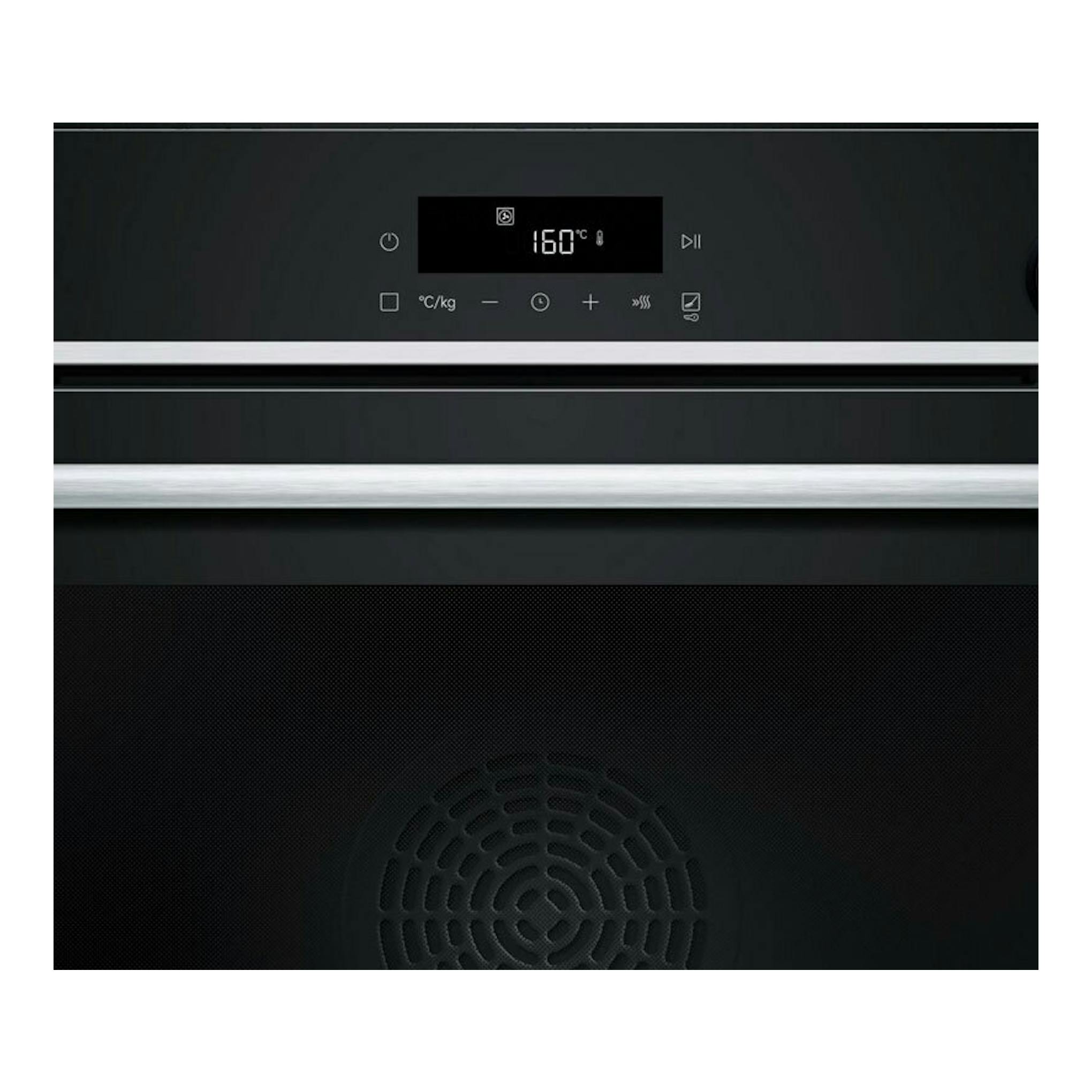 Horno Siemens HR572GBS3 Inox, vista frontal en negro con panel digital y tira frontal de acero inoxidable.