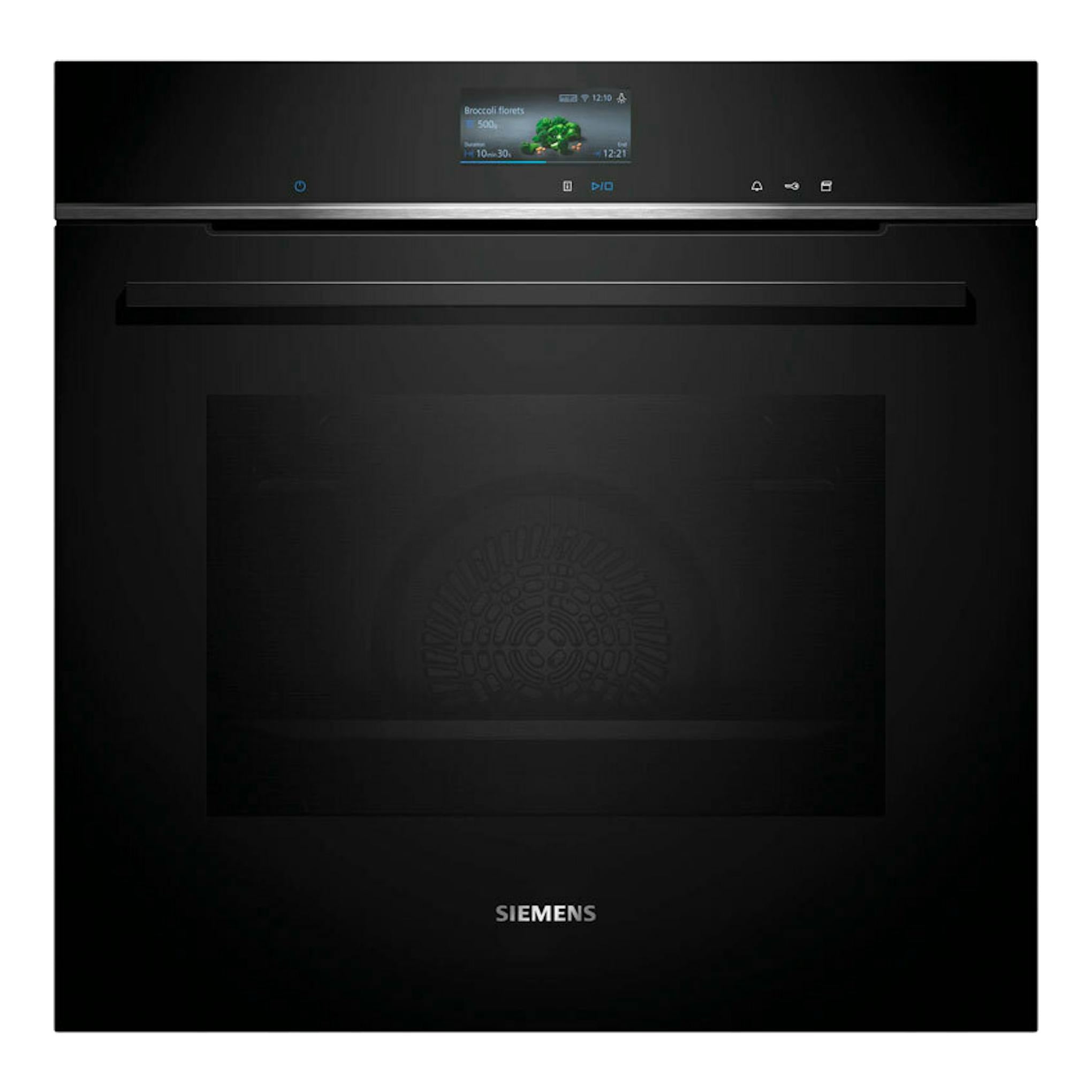 Horno Siemens HS736G3B1 negro, vista frontal, con panel táctil y pantalla digital superior.