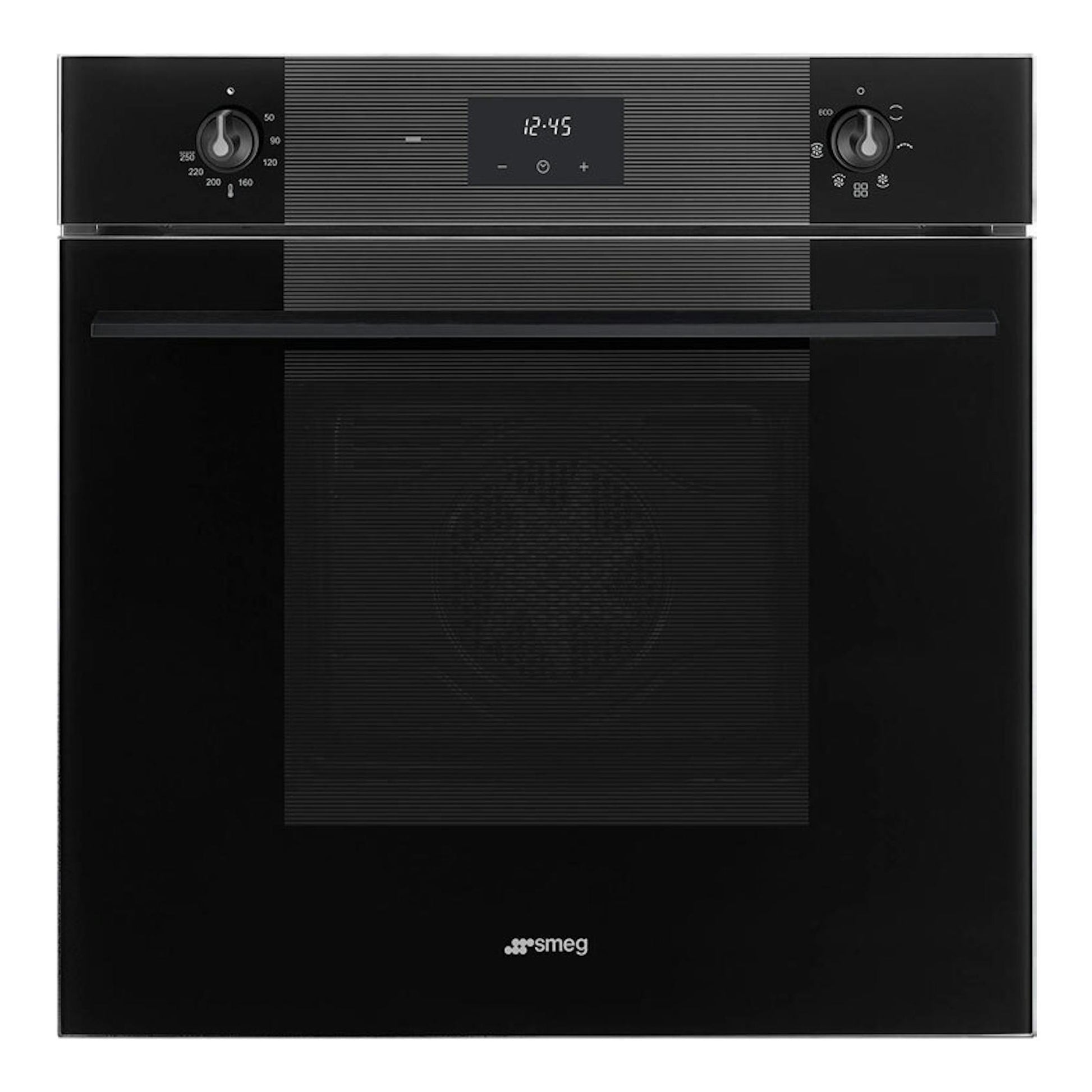 Horno Smeg SF6100VB3 negro, vista frontal, con panel digital y dos mandos.