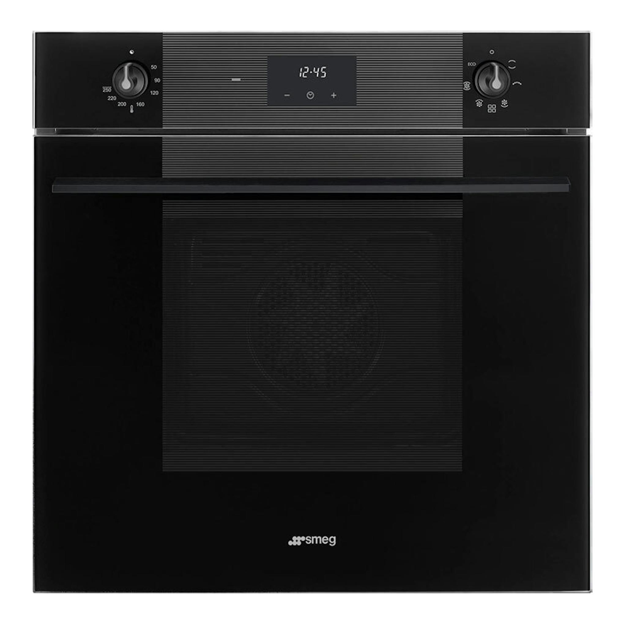 Horno Smeg SF6100VB3 negro, vista frontal, con panel digital y dos mandos.