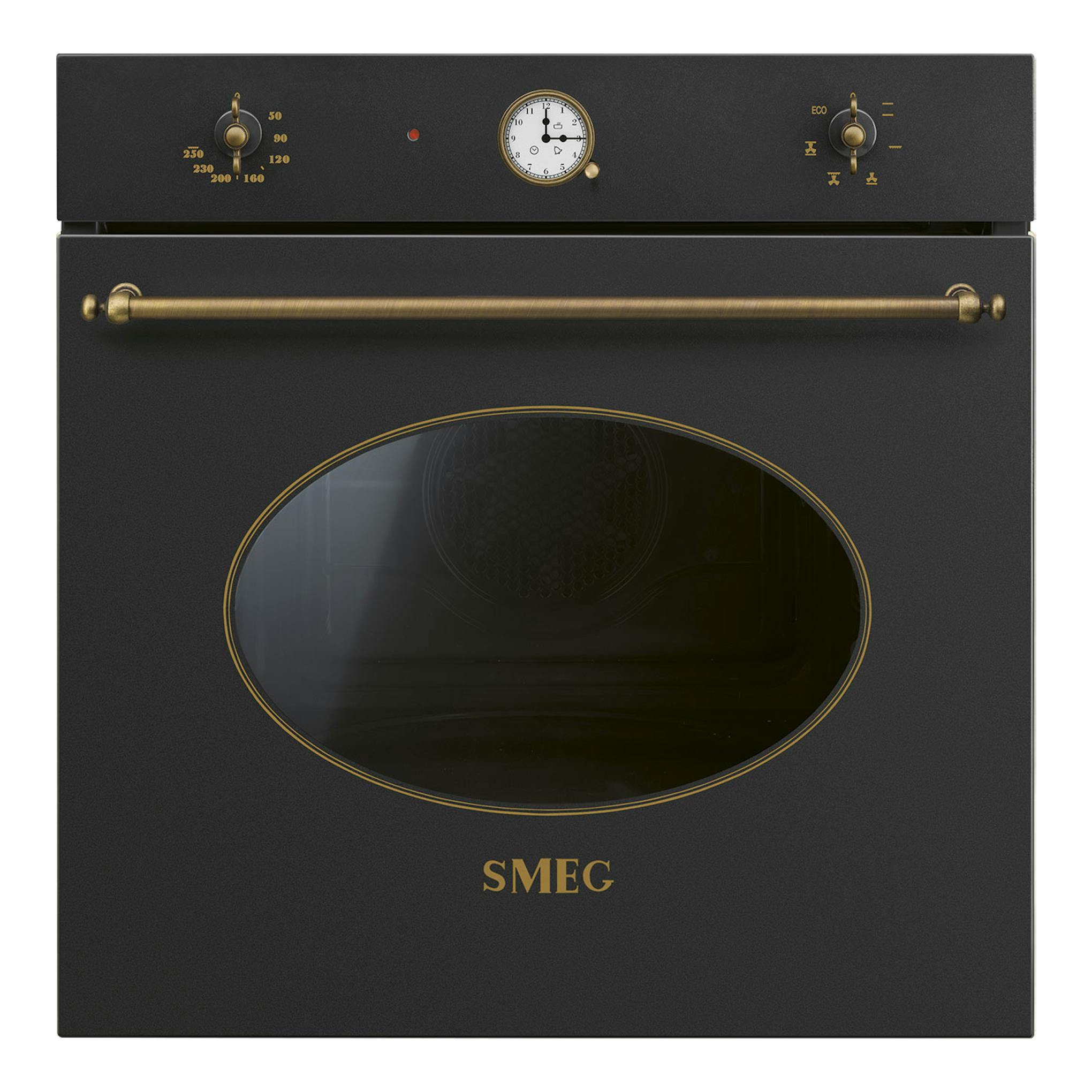 Horno Smeg SF68C1AO antracita, vista frontal, con puerta ovalada y mandos dorados.