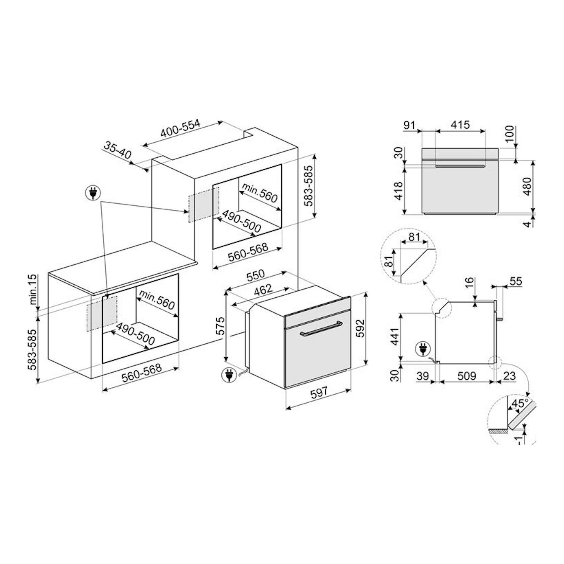 Smeg SF69M3TNO: diagrama técnico de instalación de horno negro, con vistas frontal y lateral y medidas.