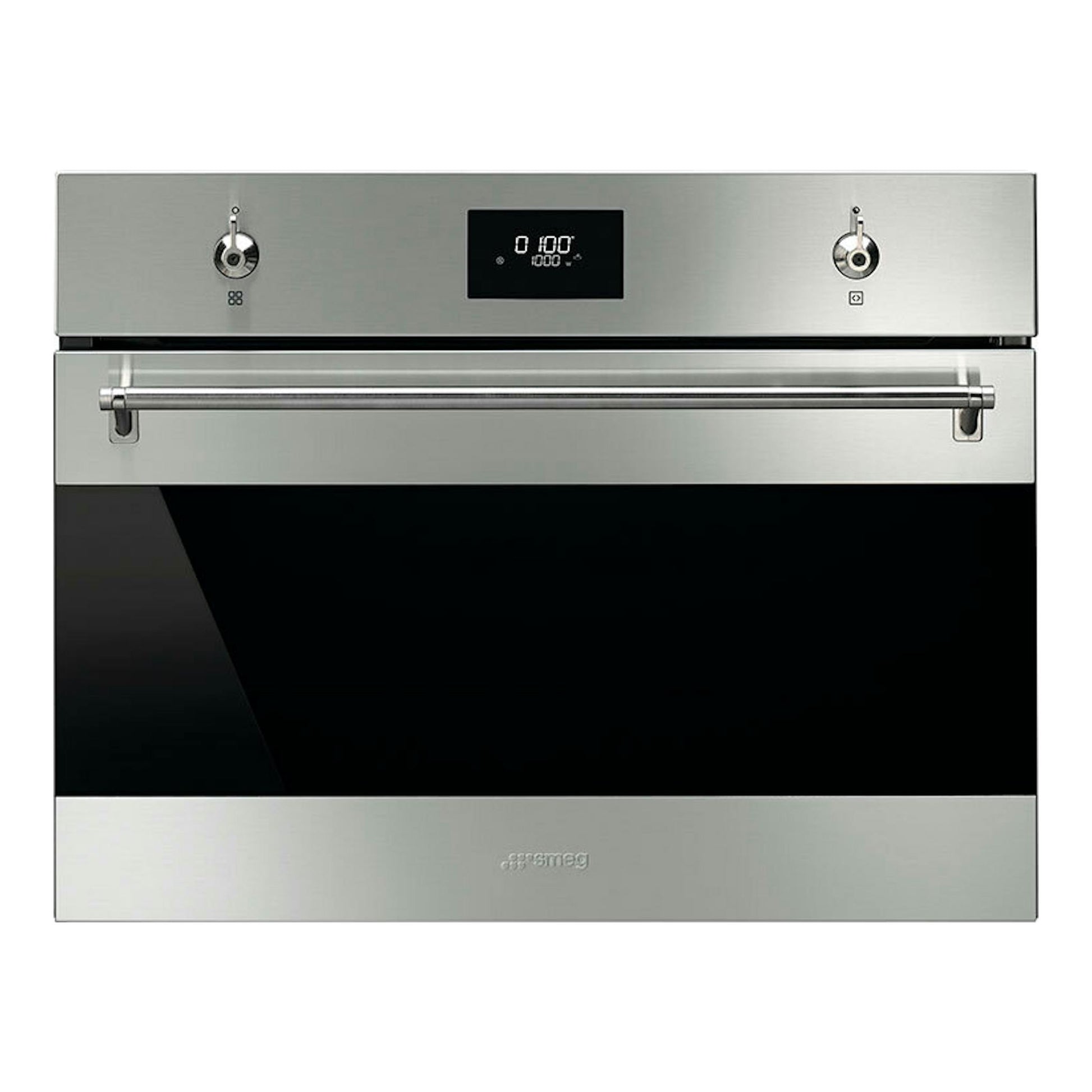 Horno Smeg SO4301M1X inox, vista frontal, con puerta de vidrio negro y panel digital.