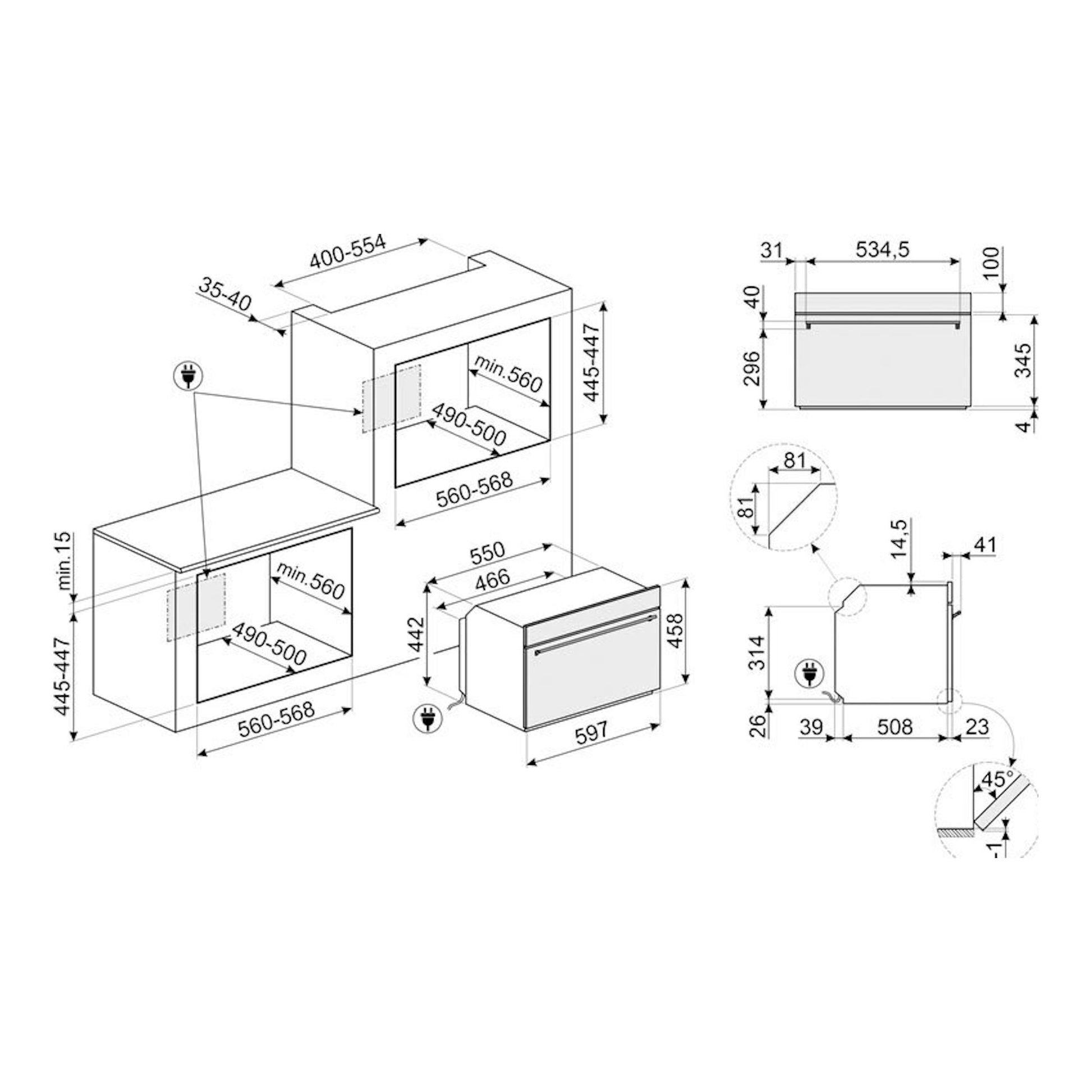 Diagrama técnico del horno Smeg SO4301M1X inox, con vistas frontal y lateral y cotas de instalación.