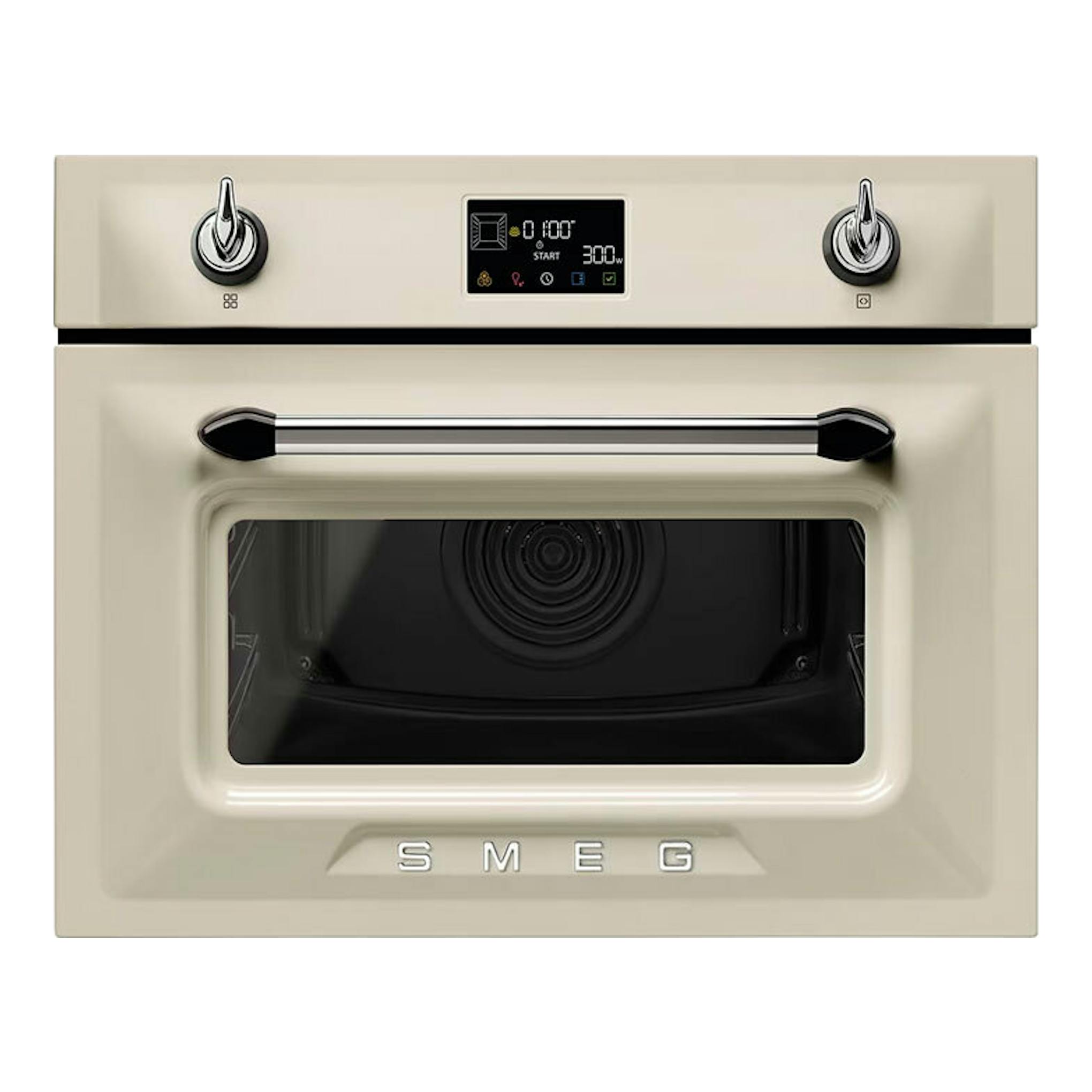 Horno Smeg SO4902M1P color crema, vista frontal, con pantalla digital y dos mandos cromados.