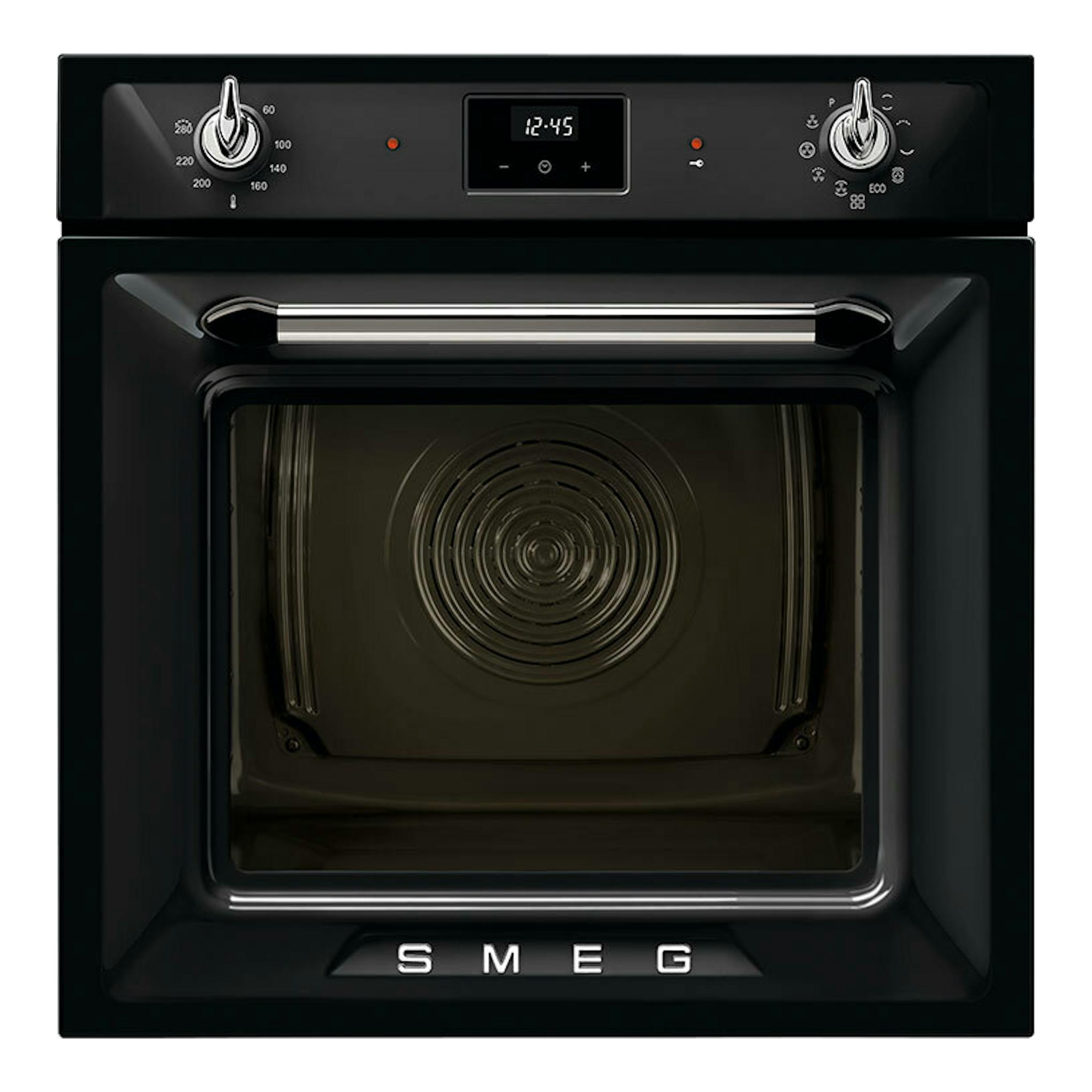 Horno Smeg SOP6900TN negro, vista frontal, con panel digital y dos mandos plateados.