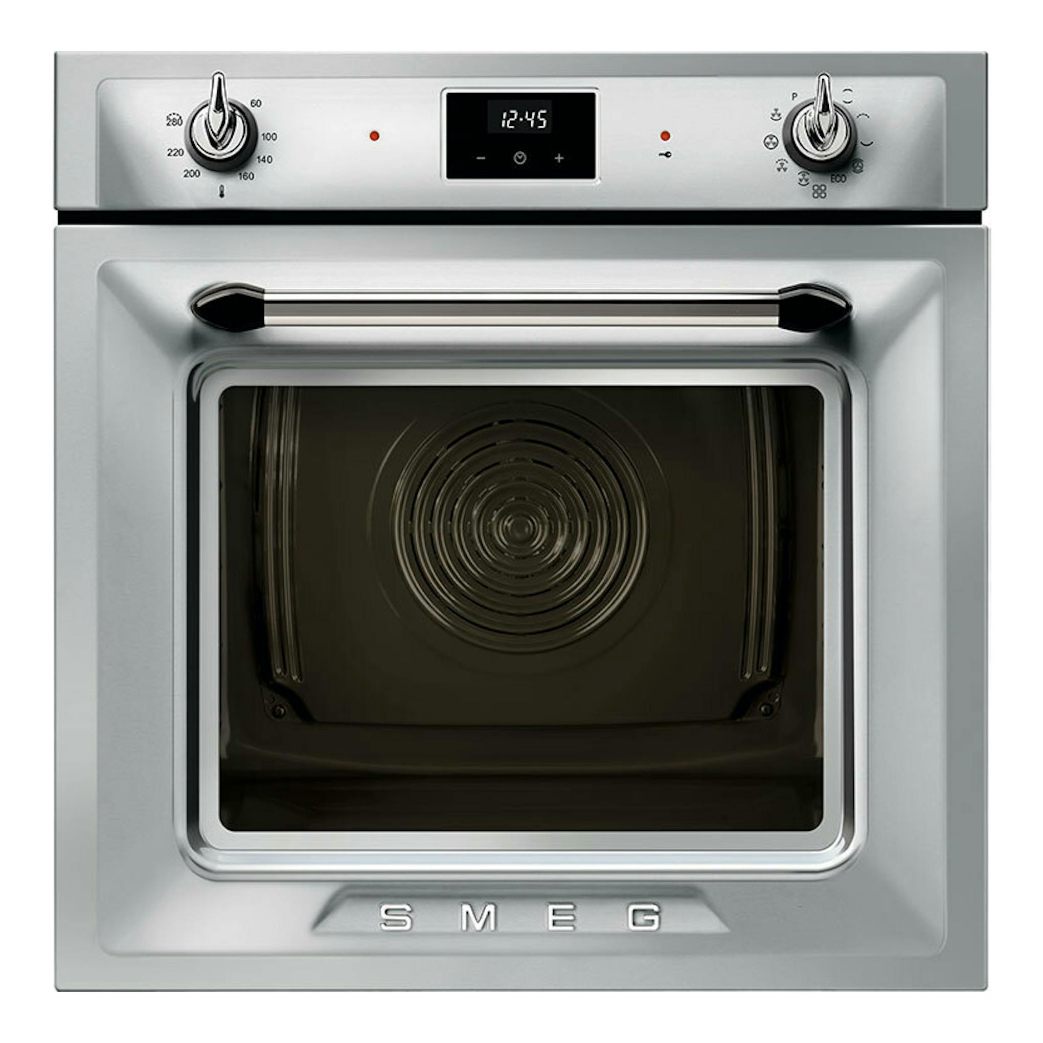 Horno Smeg SOP6900TX de acero inoxidable, vista frontal, con panel digital y dos mandos.