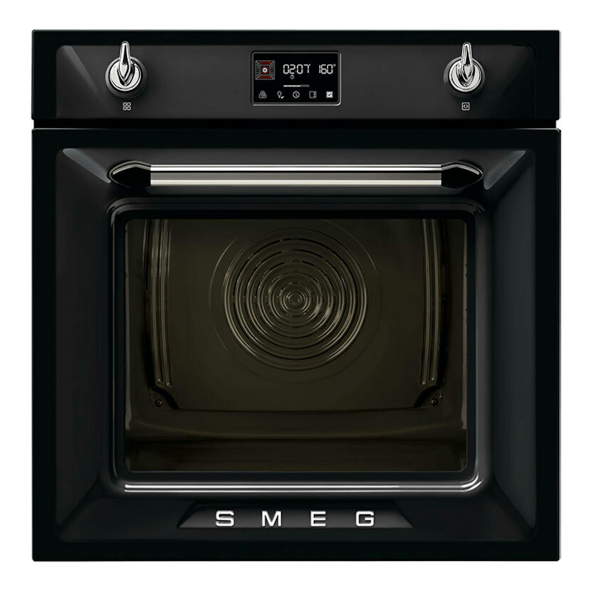 Horno Smeg SOP6902S2PN negro, vista frontal, con panel digital, dos mandos y puerta de cristal.