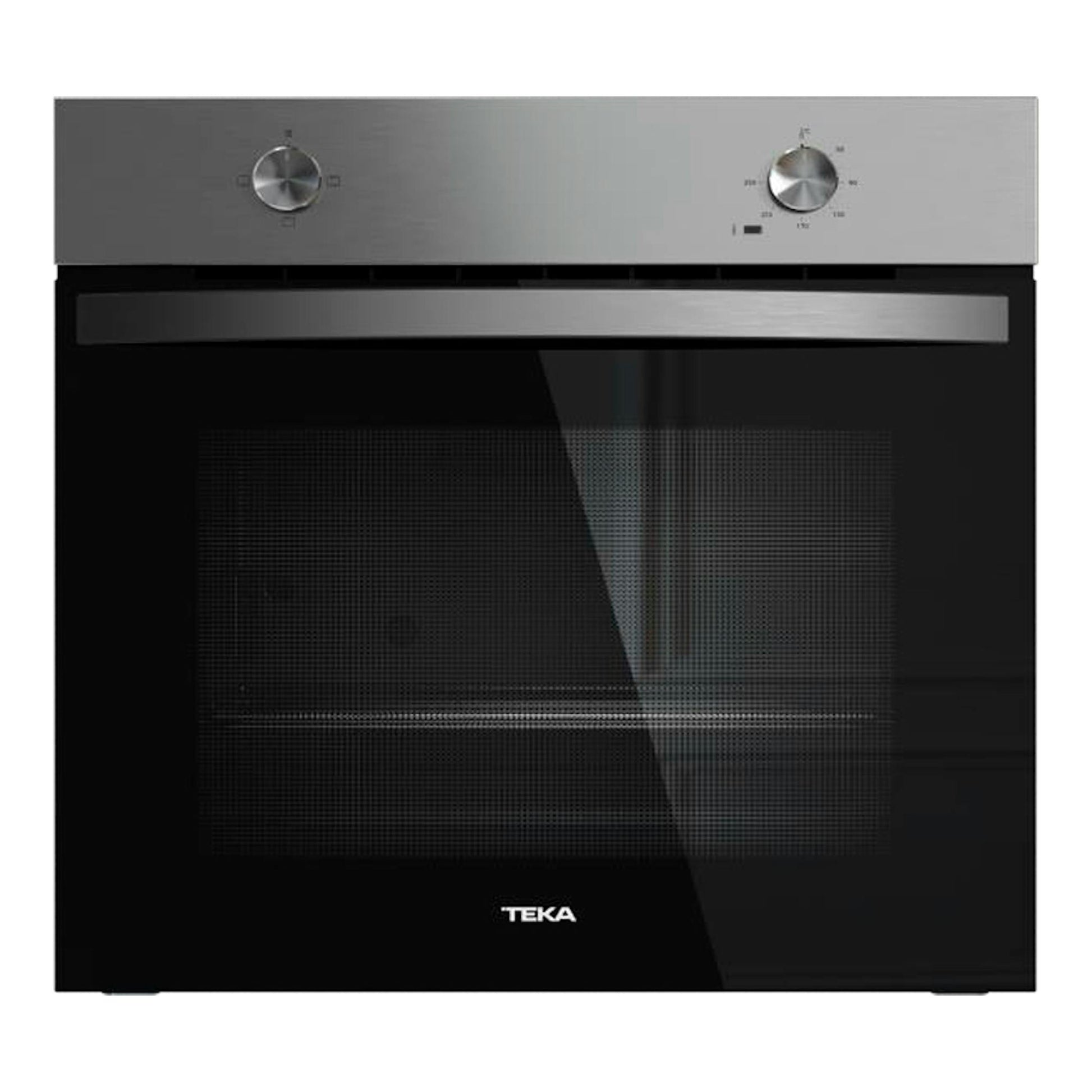 Horno Teka HBB4350 Inox, vista frontal, acabado inoxidable y puerta de cristal negro con dos mandos.