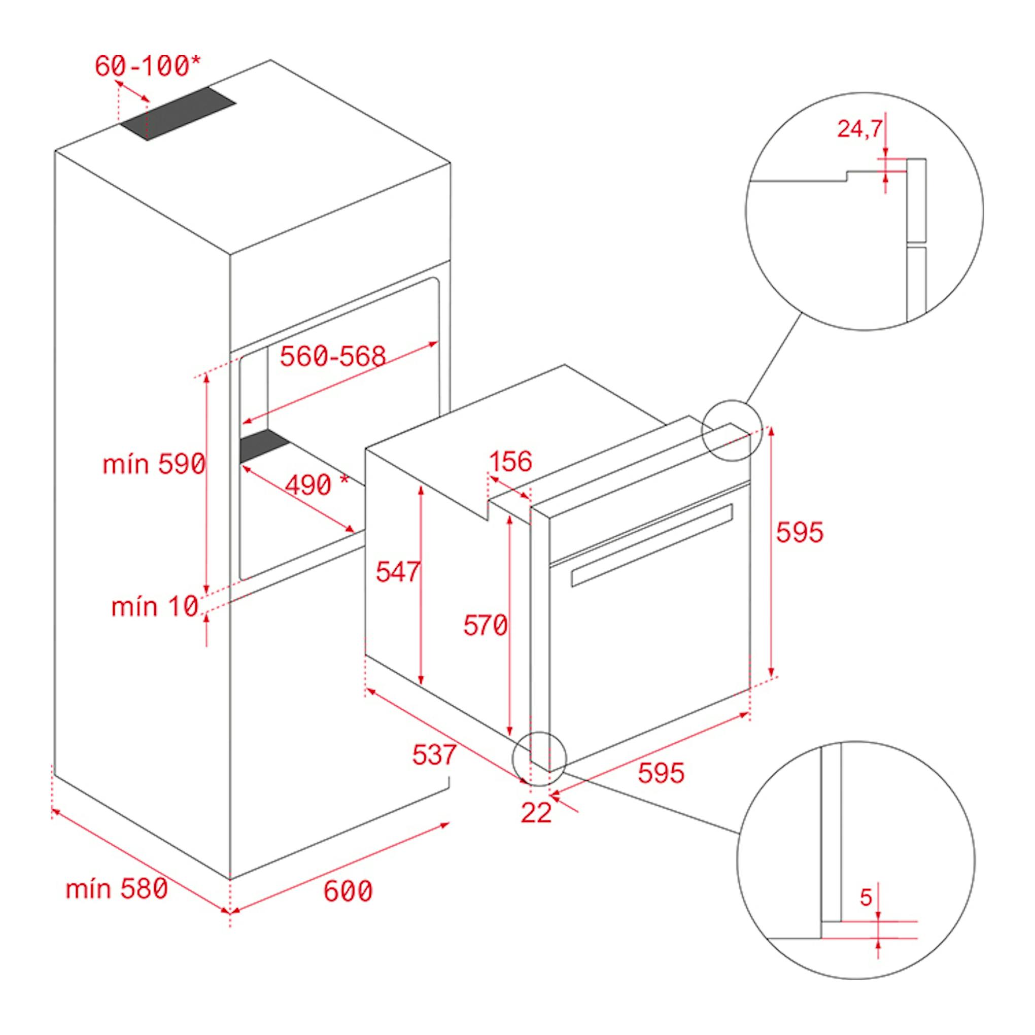 Esquema de instalación del horno Teka HBB4350 Inox en mueble, vista frontal y lateral con medidas.