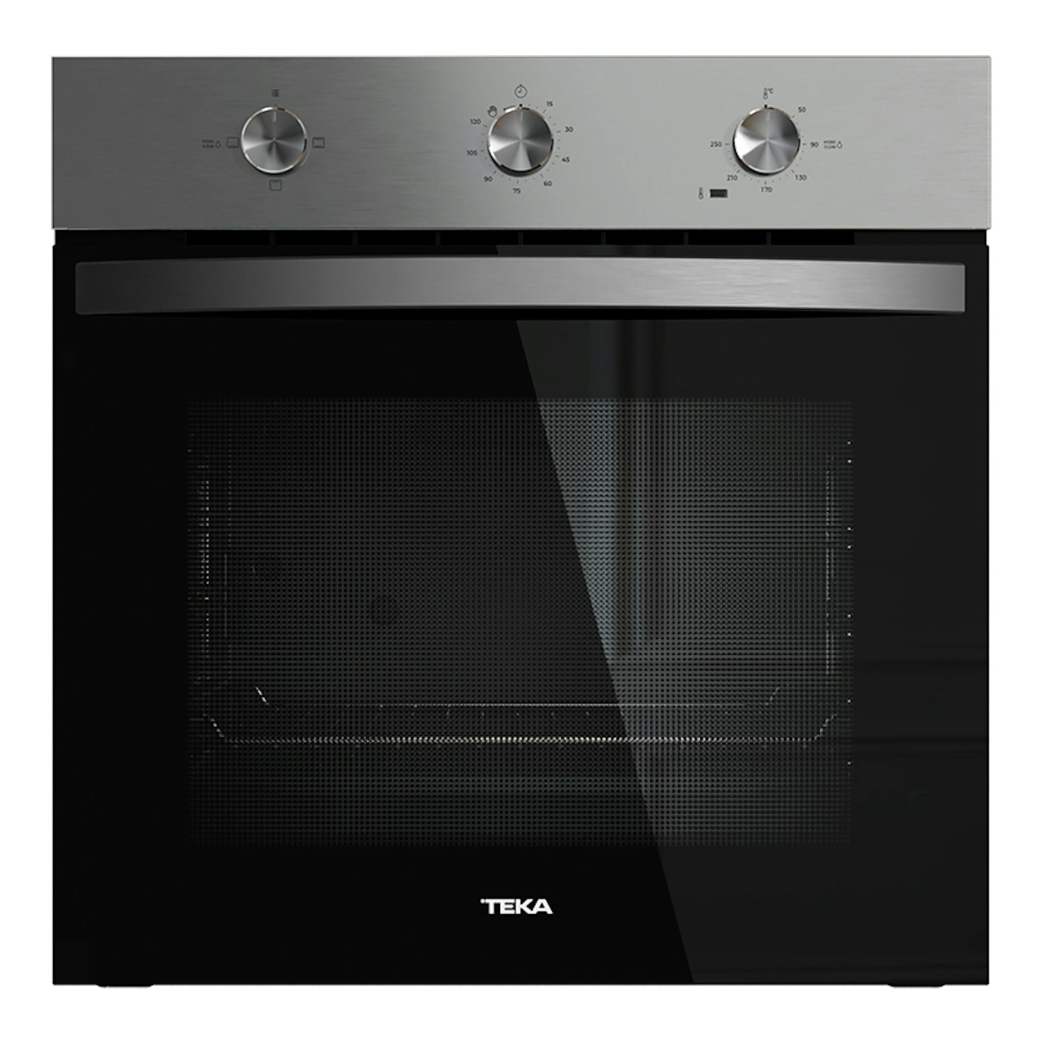 Horno Teka HBB5350 Inox, vista frontal, acabado inox y cristal negro, con tres mandos superiores.