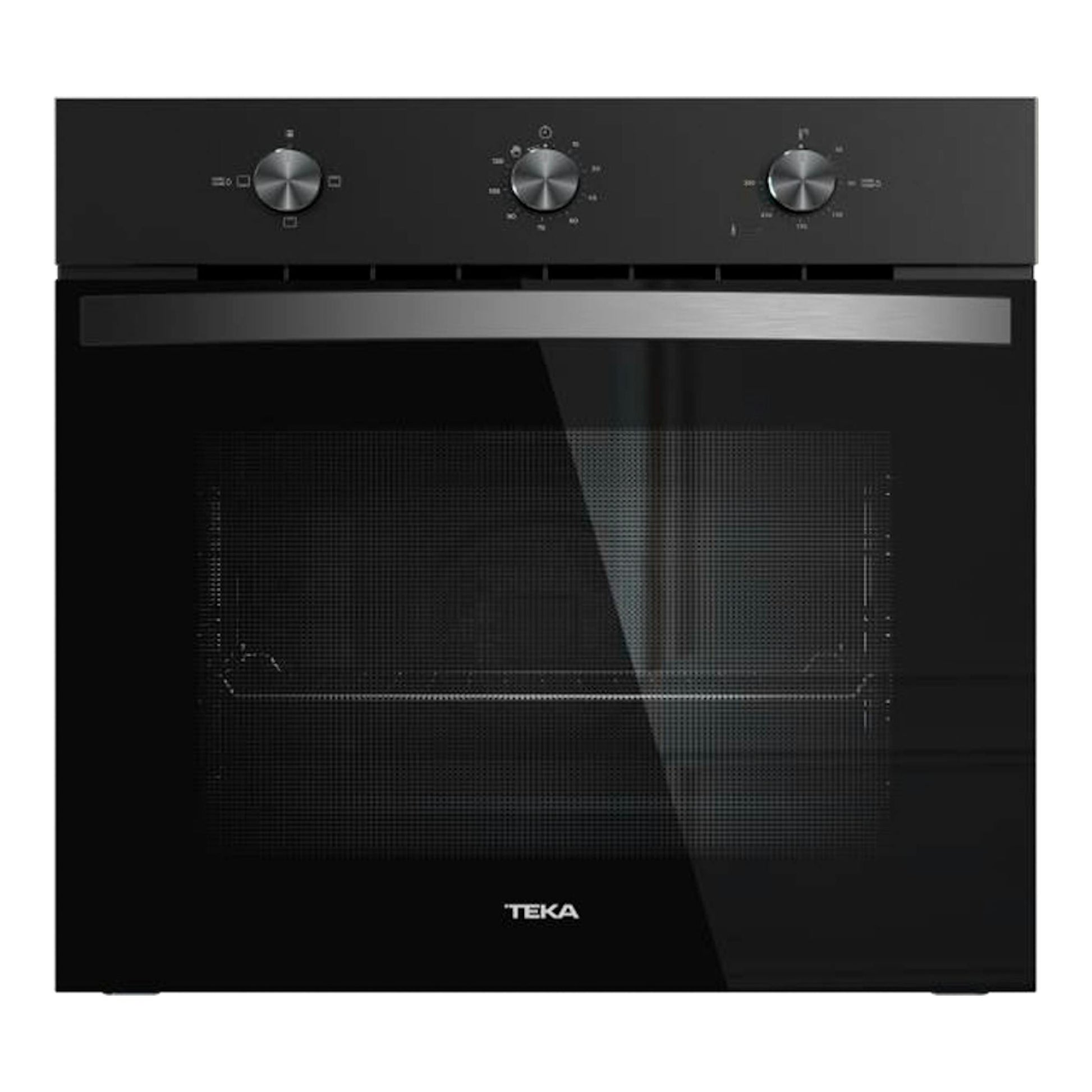 Horno empotrable Teka HBB5350 negro, vista frontal, con puerta de vidrio y tres mandos superiores.