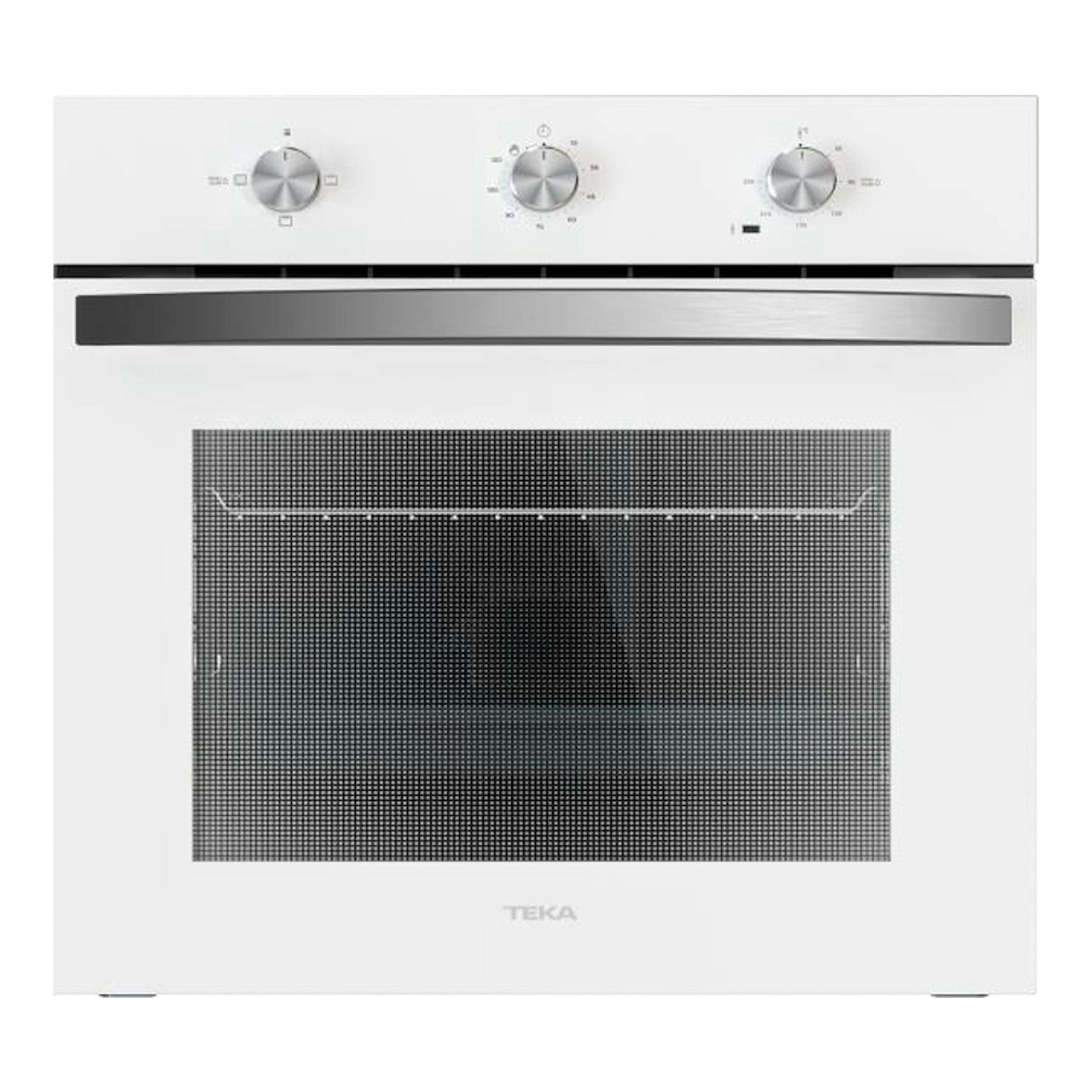 Horno Teka HBB5530 blanco, vista frontal, con tres mandos y puerta de cristal.