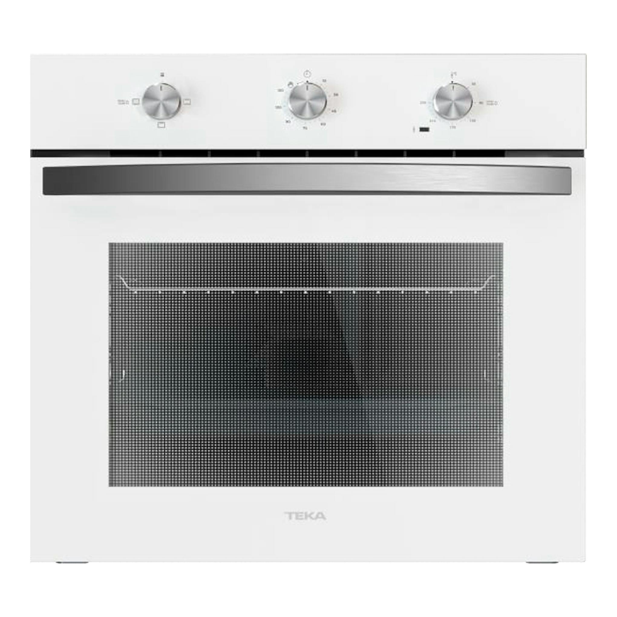 Horno Teka HBB5530 blanco, vista frontal, con tres mandos y puerta de cristal.