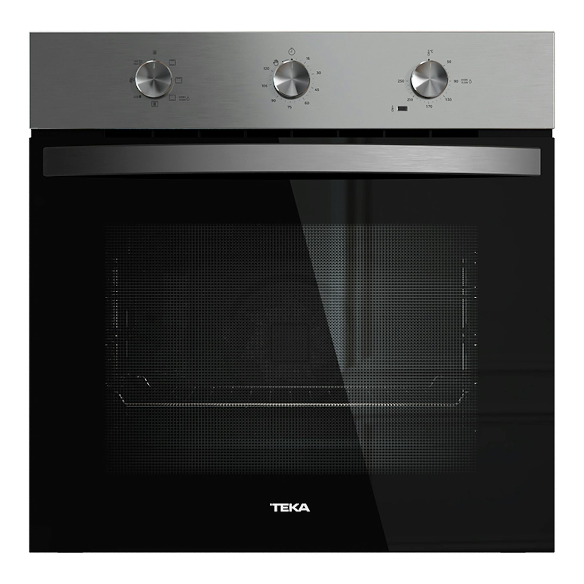 Horno Teka HBB6050 Inox, vista frontal, panel superior de acero inoxidable y puerta de vidrio negro.