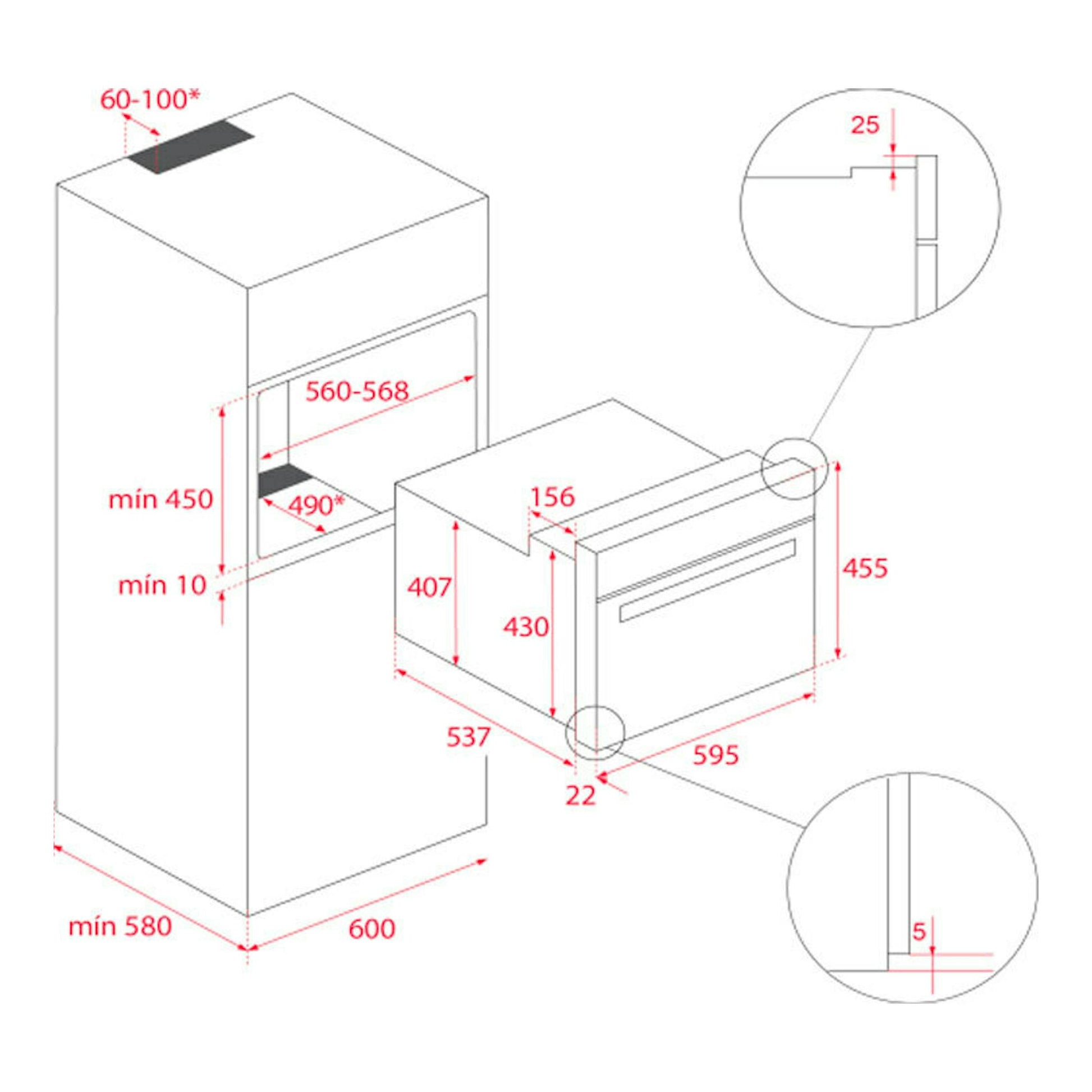 Diagrama de instalación del horno Teka HBC5350 Inox, vista frontal y lateral con medidas en rojo.