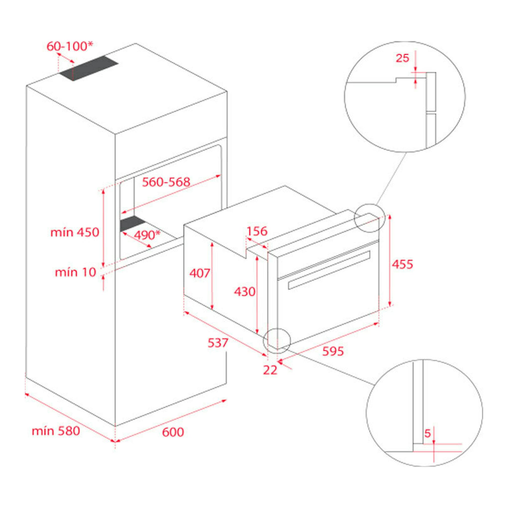 Diagrama de instalación del horno Teka HBC5350 Inox, vista frontal y lateral con medidas en rojo.